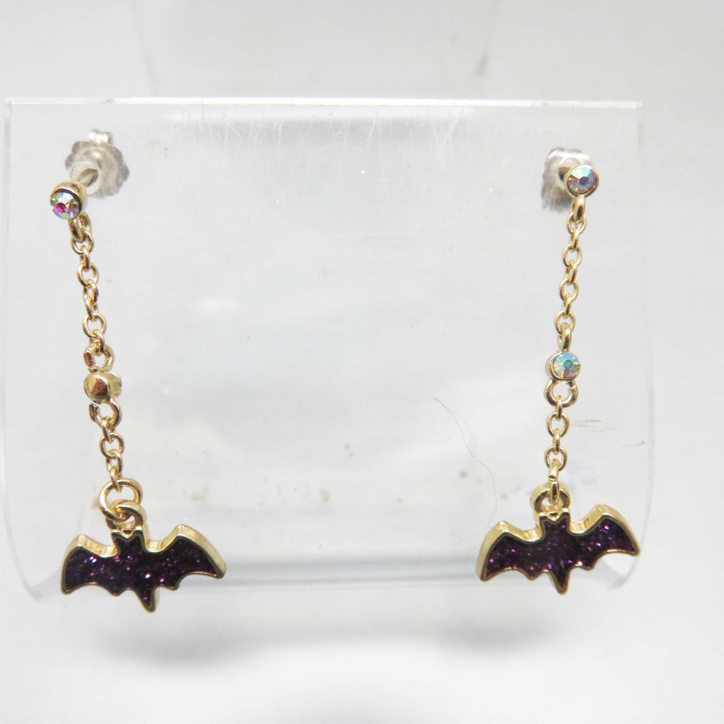 Purple Glitter Bat Rhinestone Chain Post Dangle Earrings