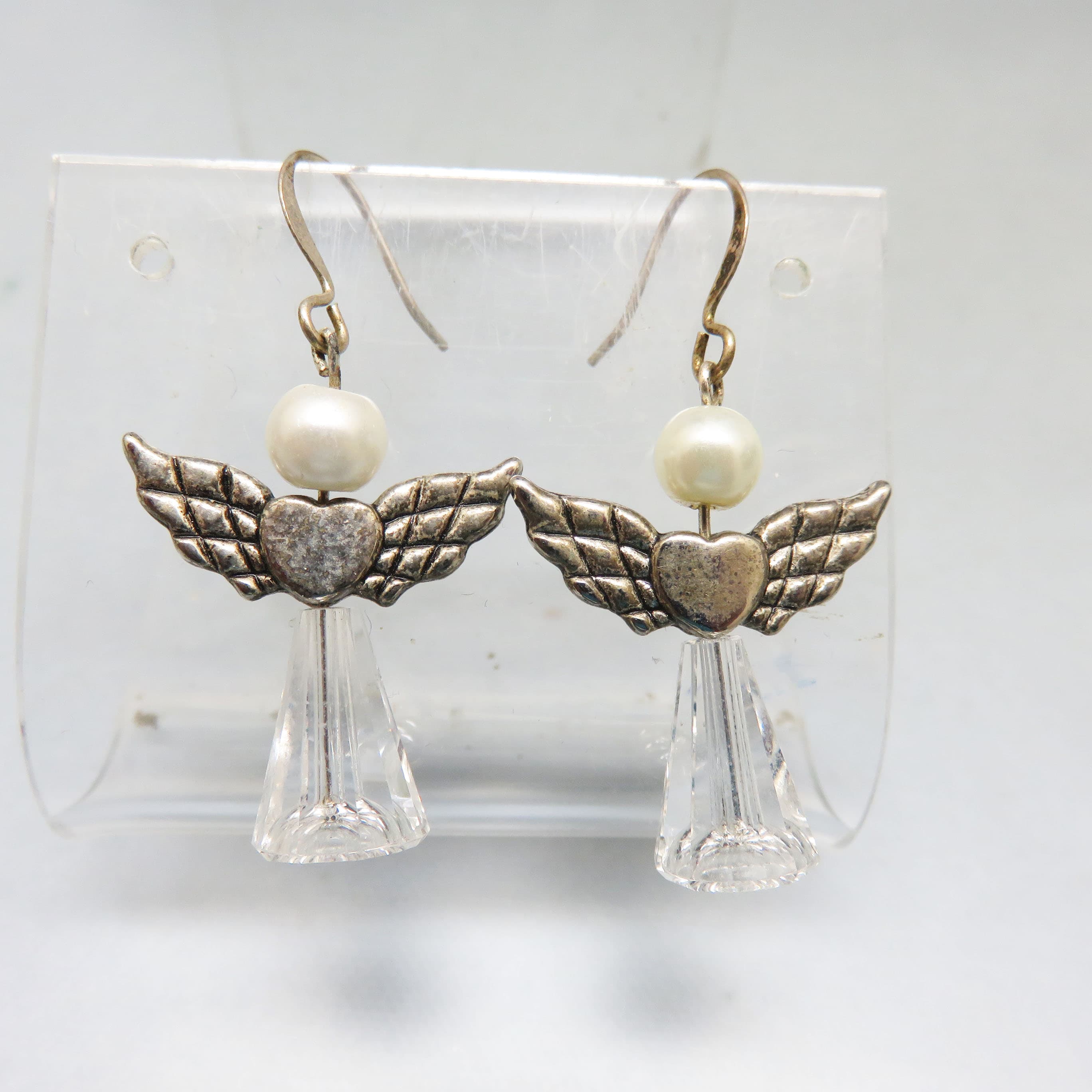 Crystal Angel Earrings with Faux Pearls – Silver Plated Holiday French Hook Dangles