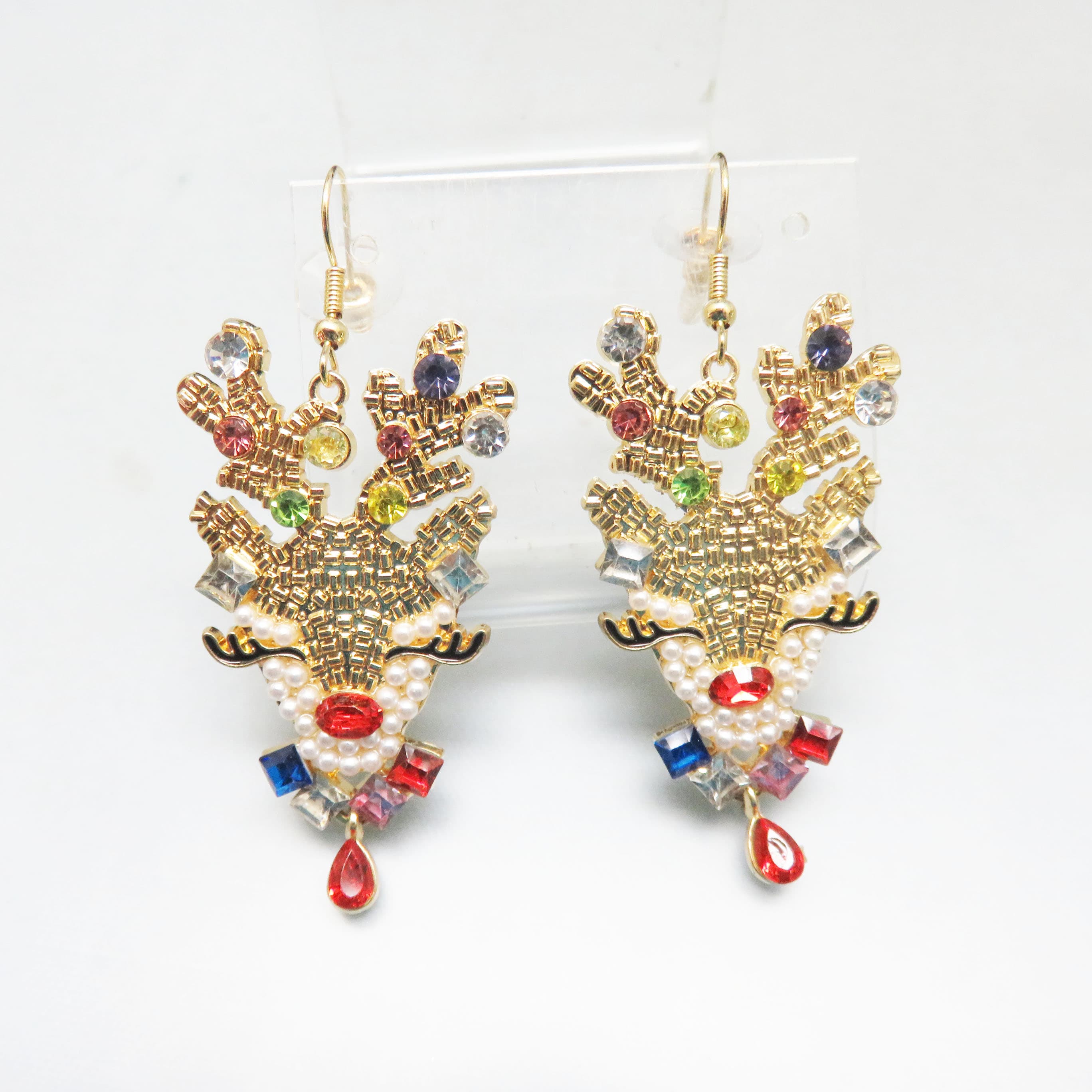 Jeweled Rhinestone Reindeer Earrings – Goldtone Christmas Statement Dangles