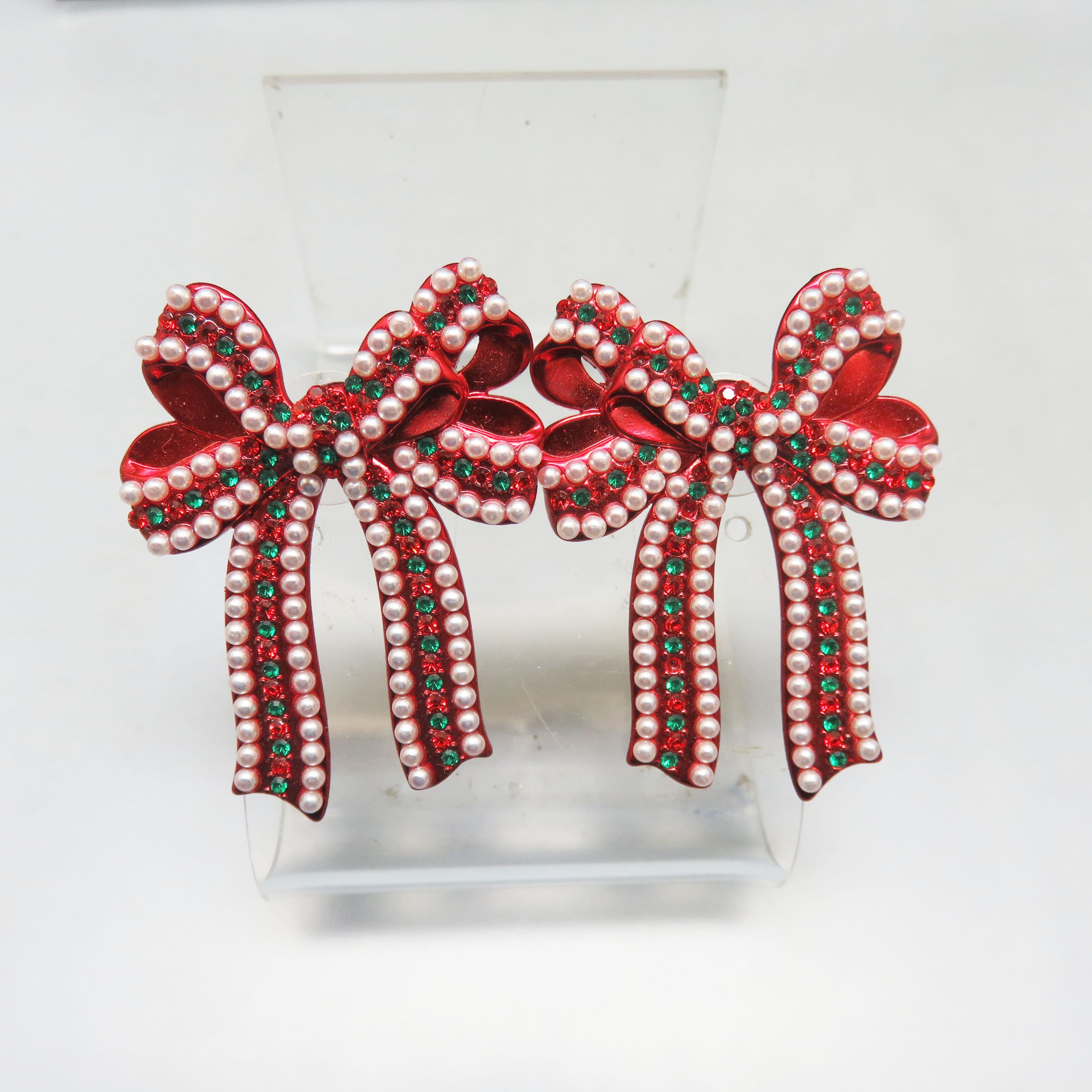 Sugarfix Jeweled Christmas Bow Earrings – Red Green Rhinestone Pearl Statement Posts
