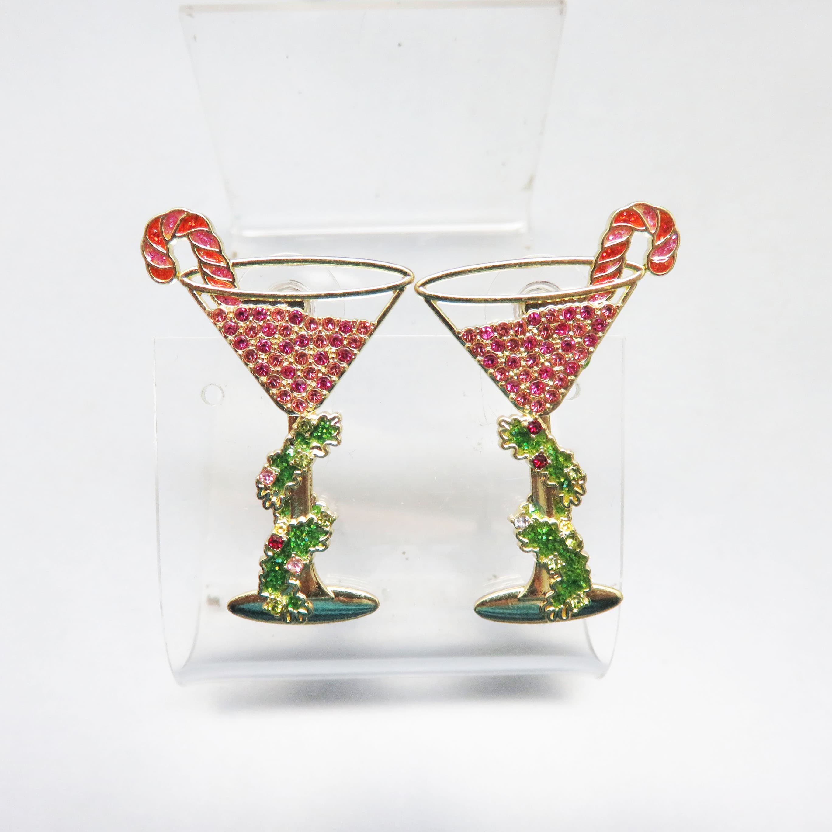 Rhinestone Christmas Cocktail Earrings – Candy Cane Martini Holiday Statement Posts