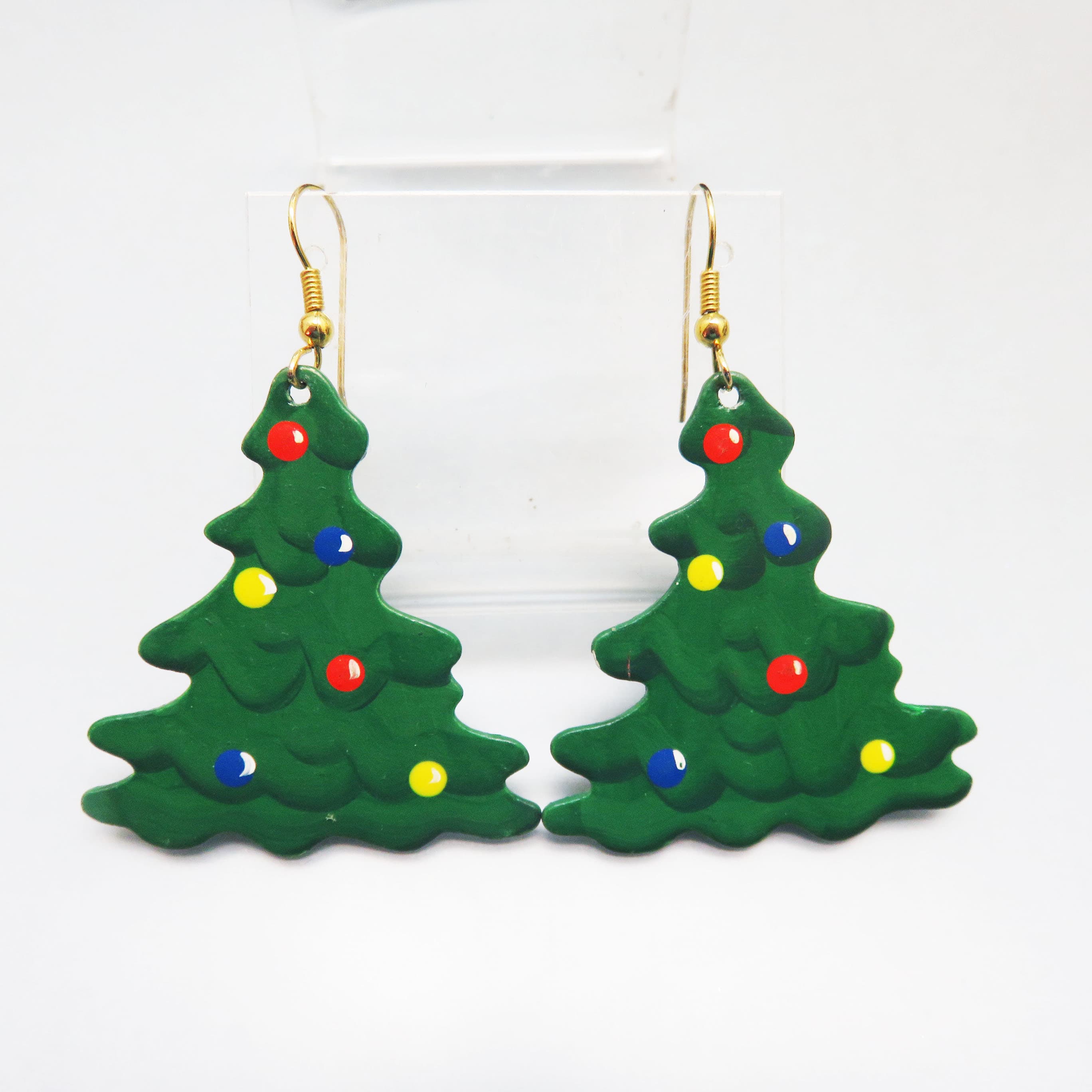 Vintage 1980s Hand Painted Wood Christmas Tree Earrings – Folk Art Holiday Dangles