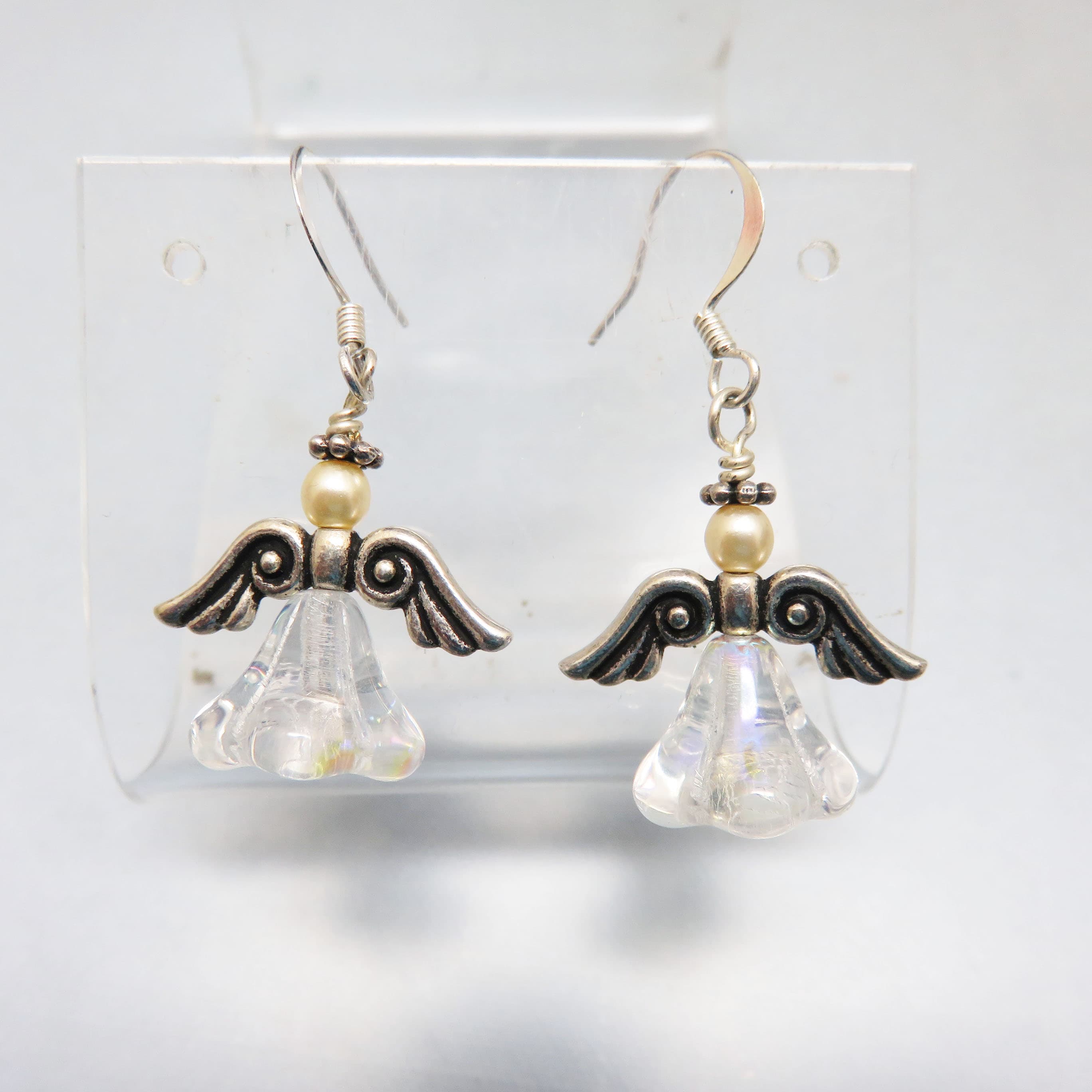 Crystal Angel Earrings with Silver Plated Wings – Iridescent Holiday French Hook Dangles