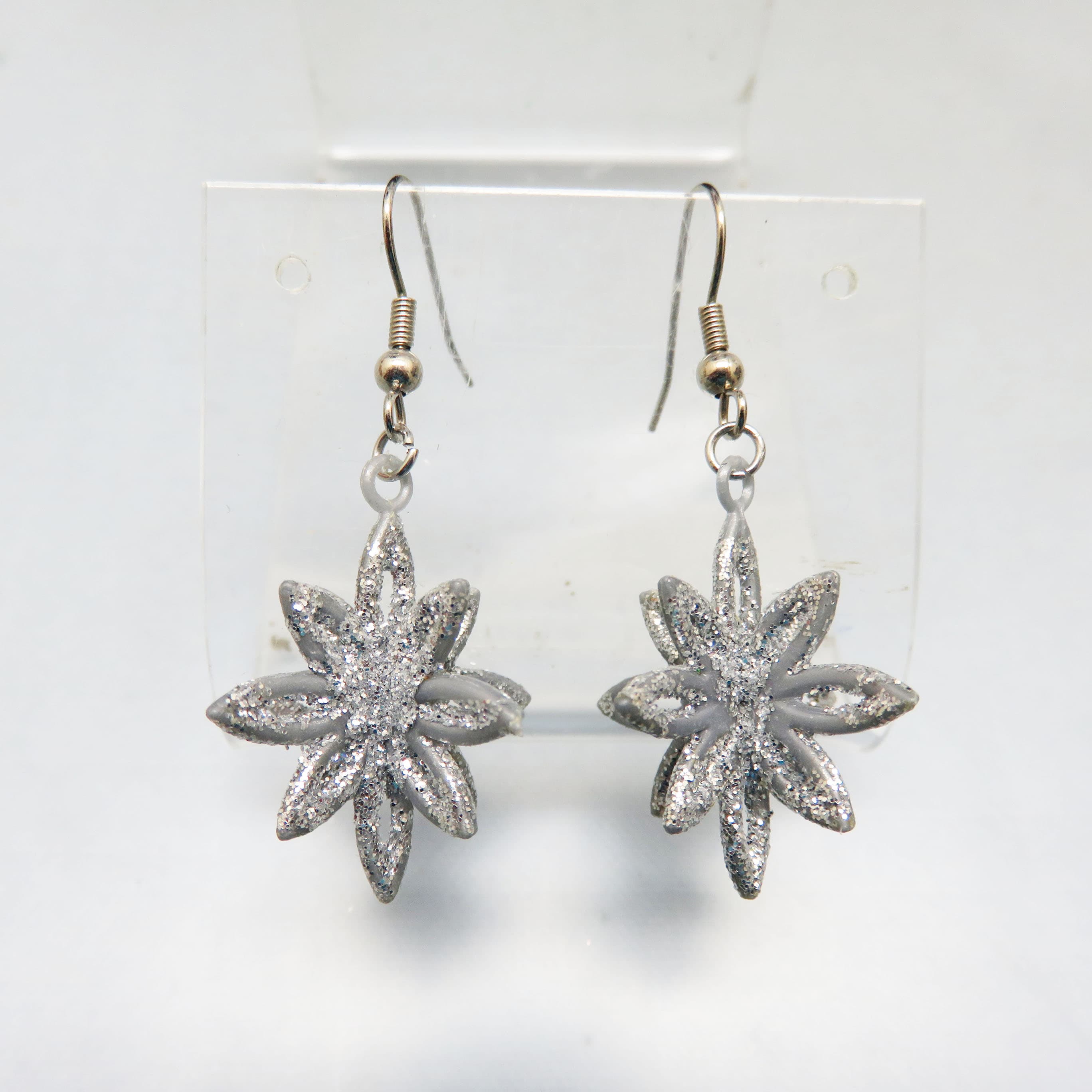 Vintage Silver Glitter Star Earrings – 3D Lightweight Holiday French Hook Dangles