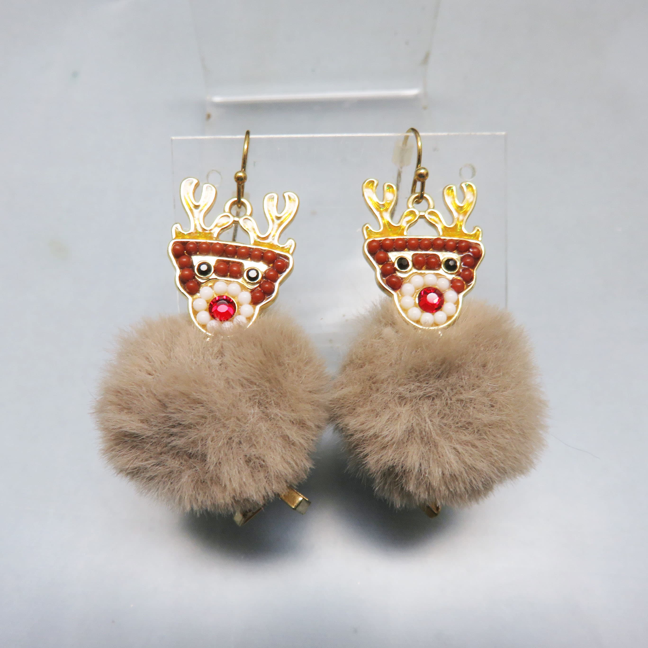 Pom Pom Reindeer Earrings – Jeweled Rudolph Holiday French Hook Dangles with Tiny Hooves