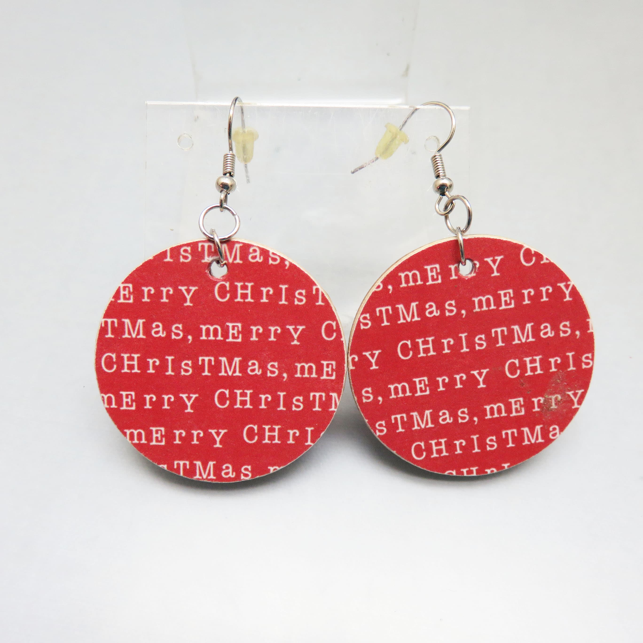 Vintage Merry Christmas Wood Earrings – Red Printed Disc Holiday French Hook Dangles