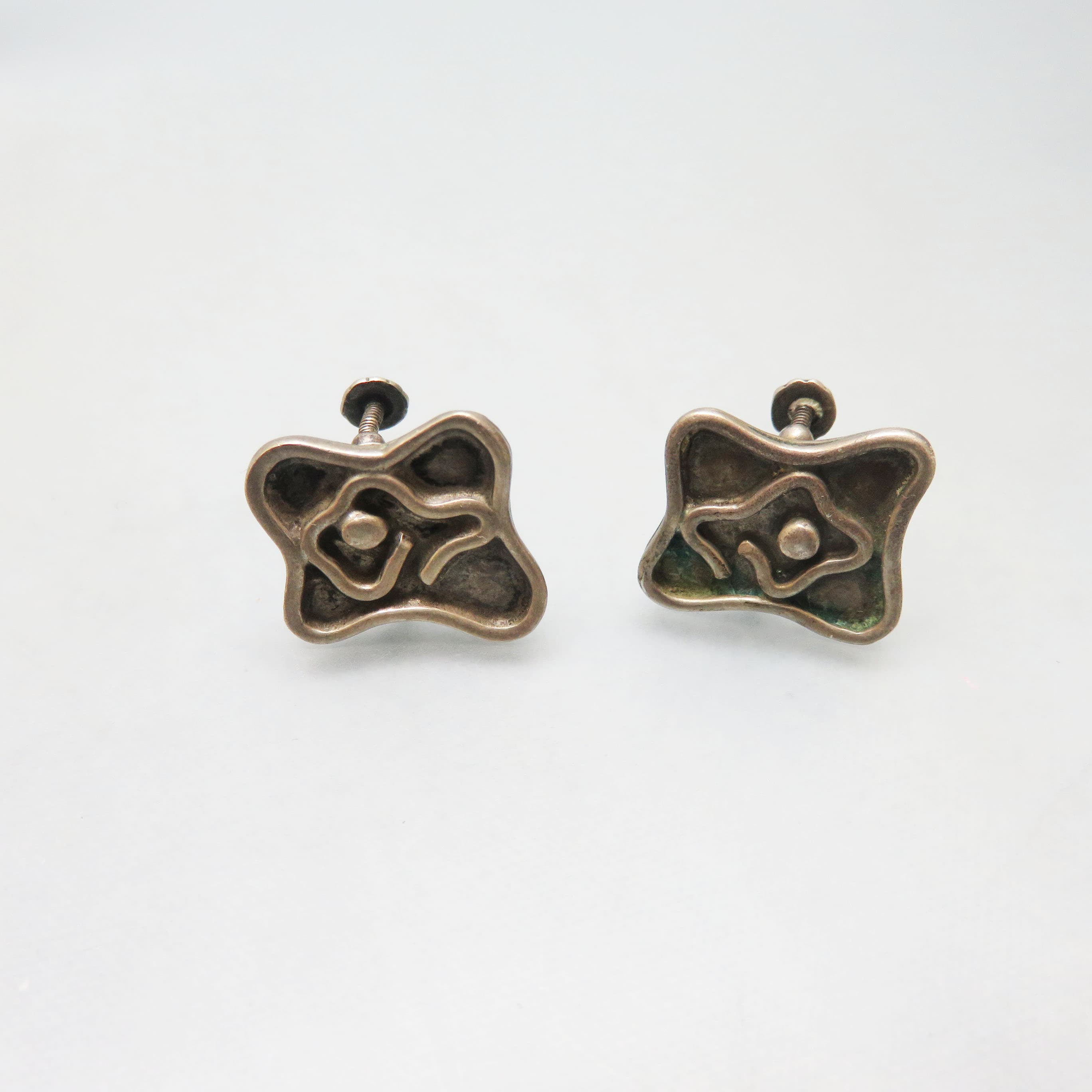 Vintage Sterling Silver Modernist Screwback Earrings – Abstract Sculptural Mid Century Style
