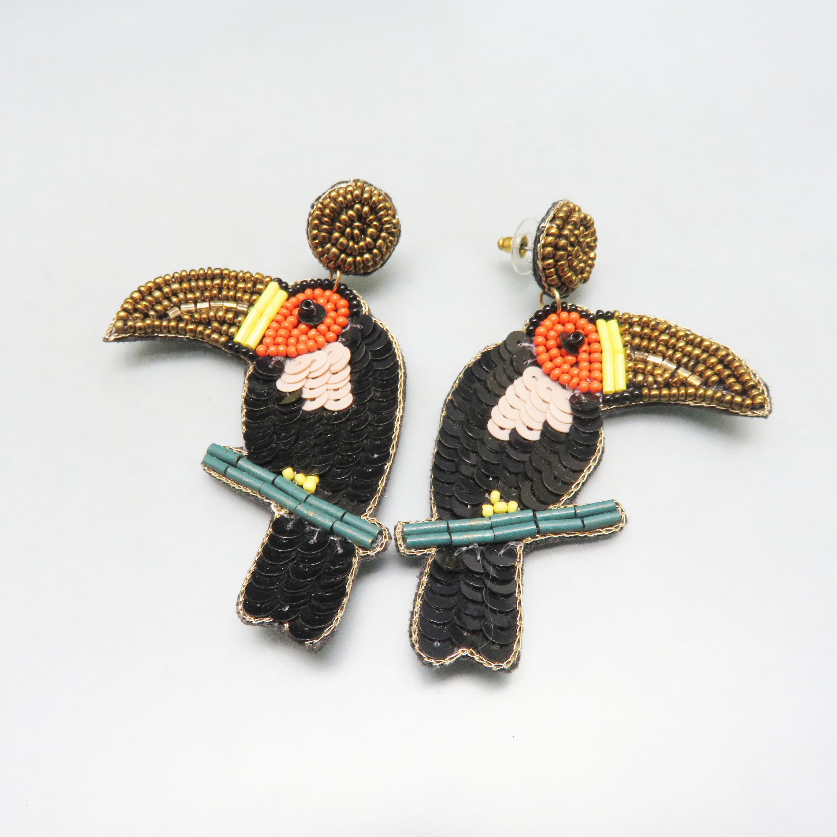 Hand Beaded Toucan Statement Earrings – Sequin & Seed Bead Bird Post Earrings on Felt