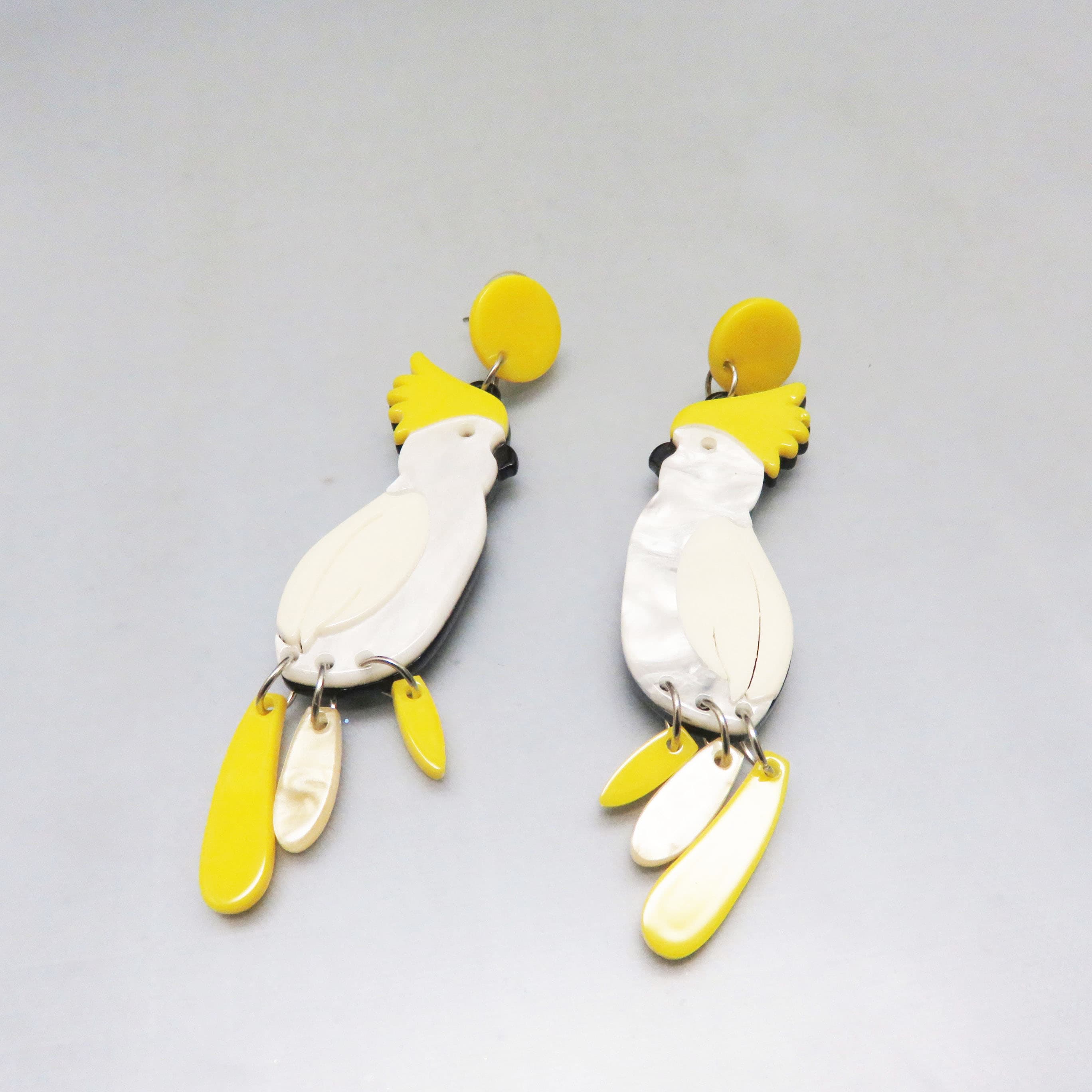 Acrylic Cockatoo Statement Earrings – Yellow & White Tropical Bird Post Dangles