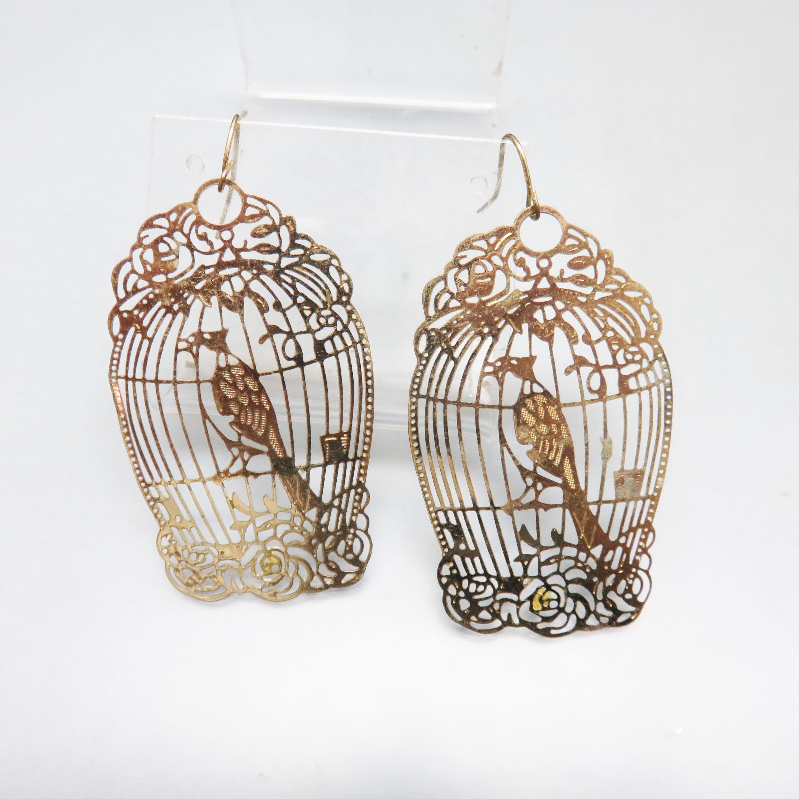 Vintage Brass Birdcage Earrings – Lightweight French Hook Dangle Earrings with Aged Patina