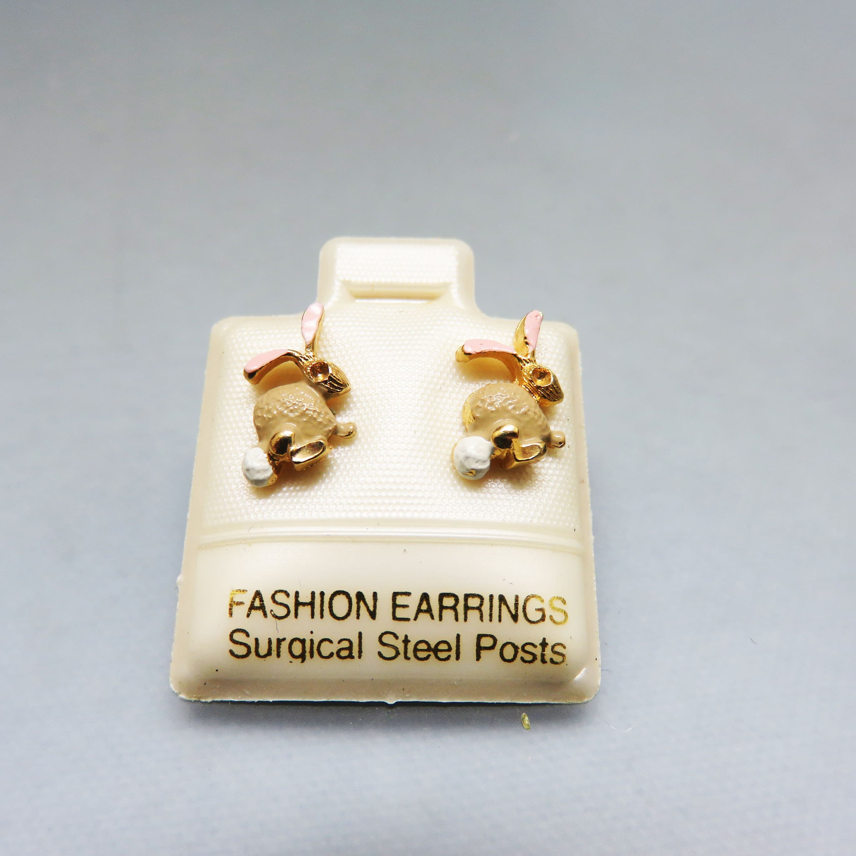 1970s Bunny Rabbit Stud Earrings – Vintage Goldtone Enamel Posts, Mint on Original Card