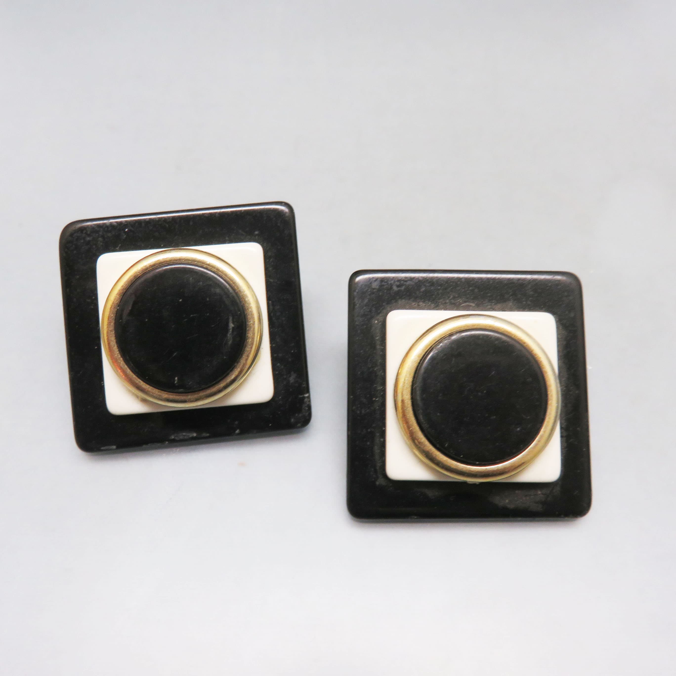 Vintage Black White Lucite Statement Earrings – Geometric Square Post Earrings with Goldtone Accent