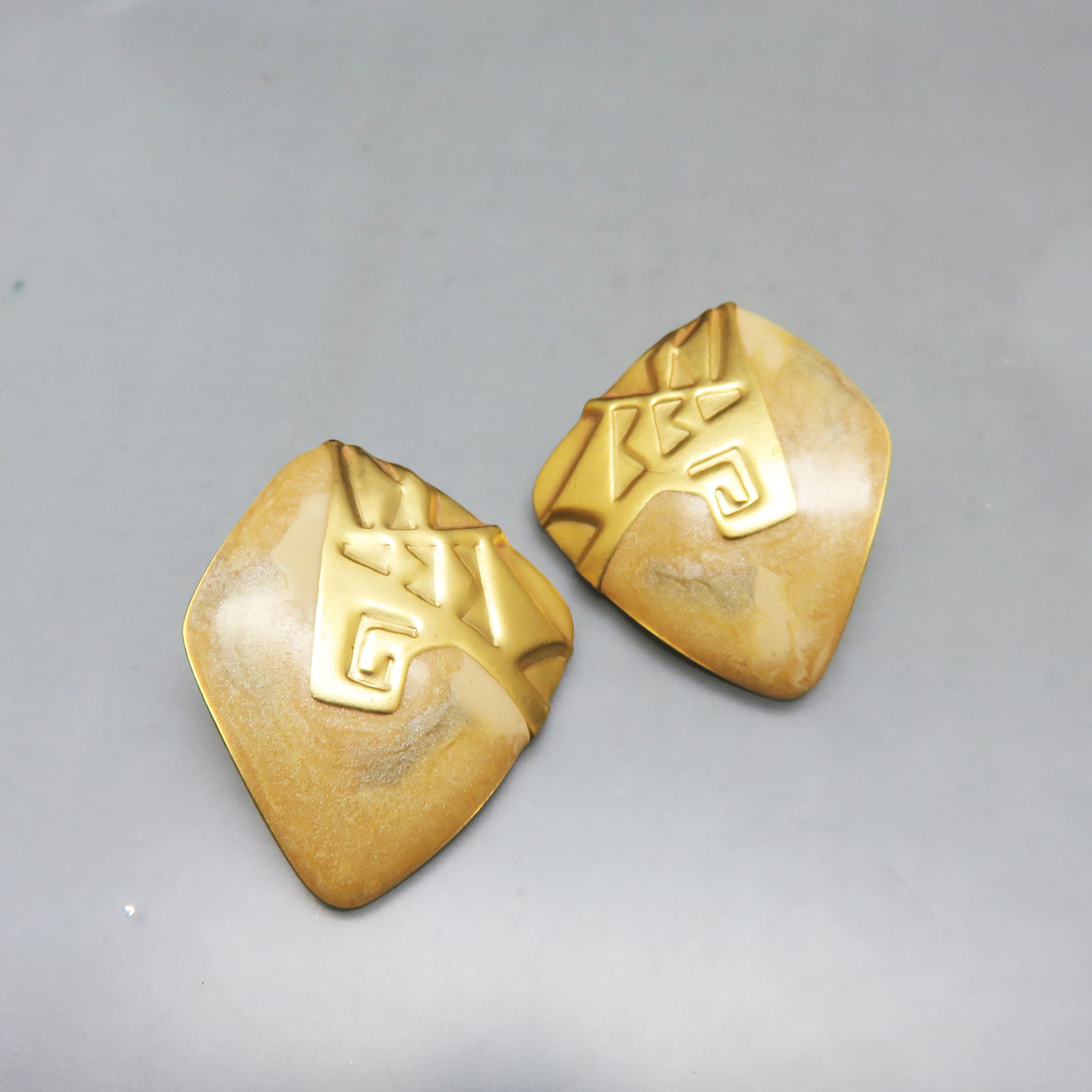 Vintage 1980s Goldtone Geometric Statement Earrings – Muted Enamel Oversized Post Earrings