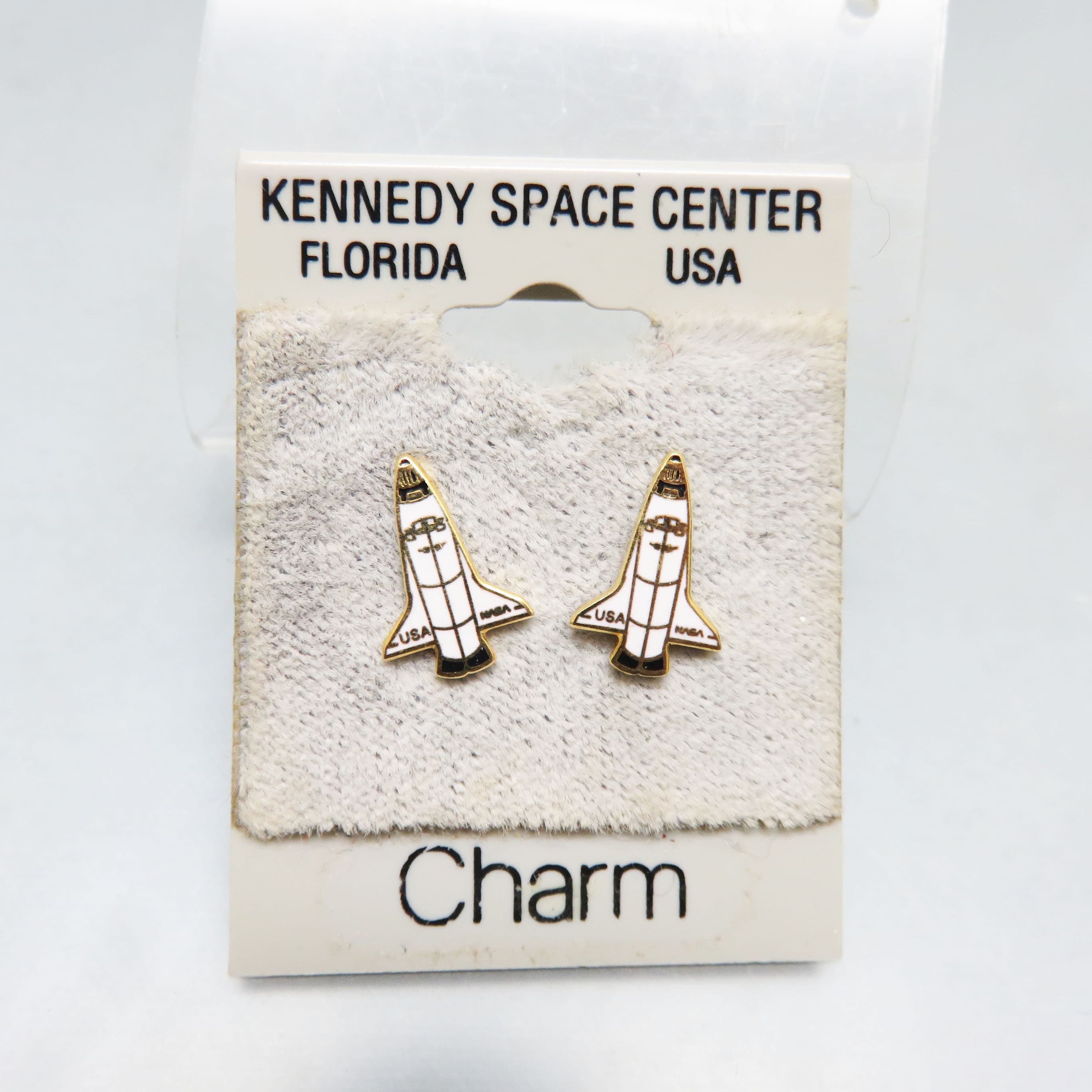 Vintage Kennedy Space Center Shuttle Earrings – Enamel Brass NASA Space Shuttle Studs on Original Card