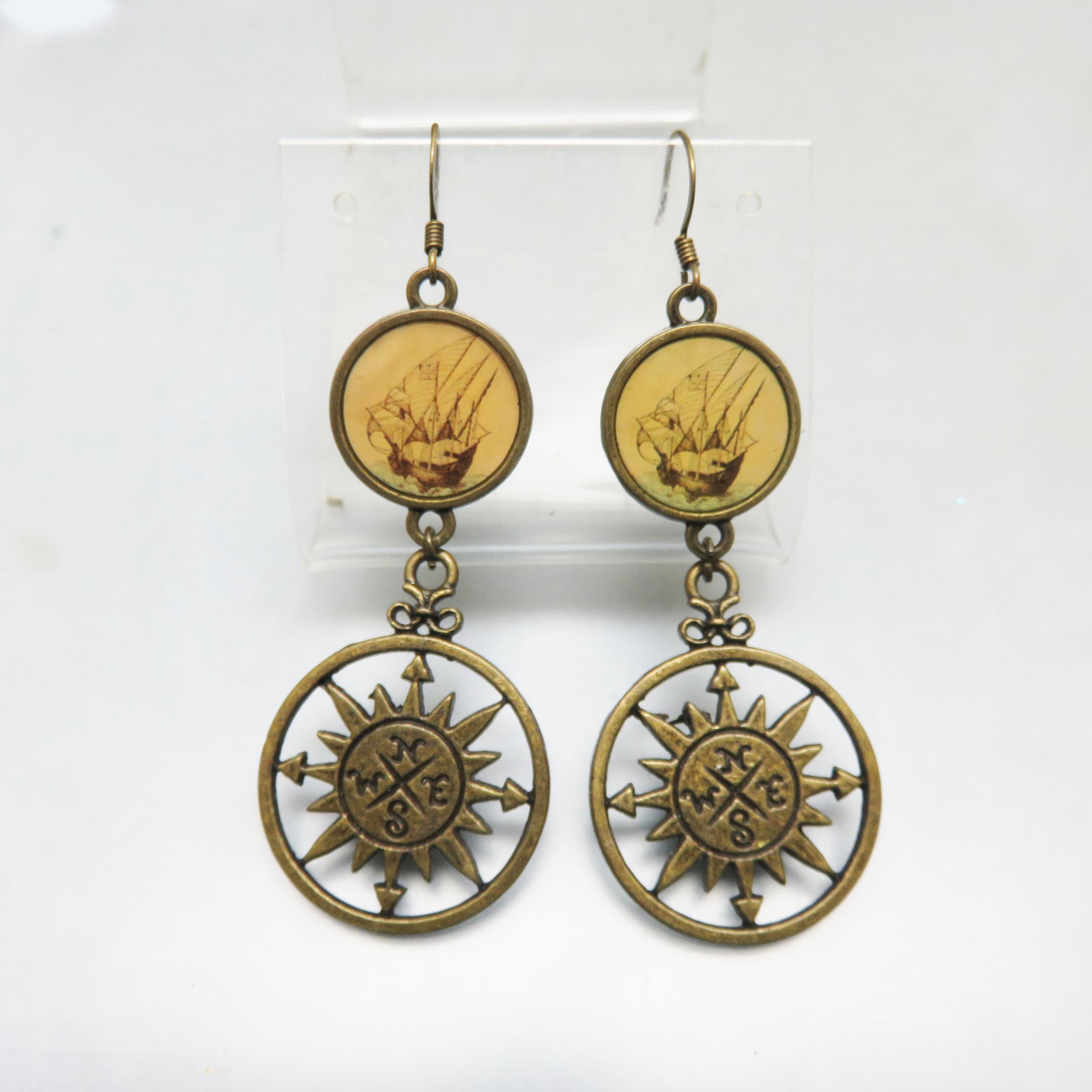 Vintage Sailing Ship & Compass Earrings – Antiqued Brass Adventure French Hook Dangles