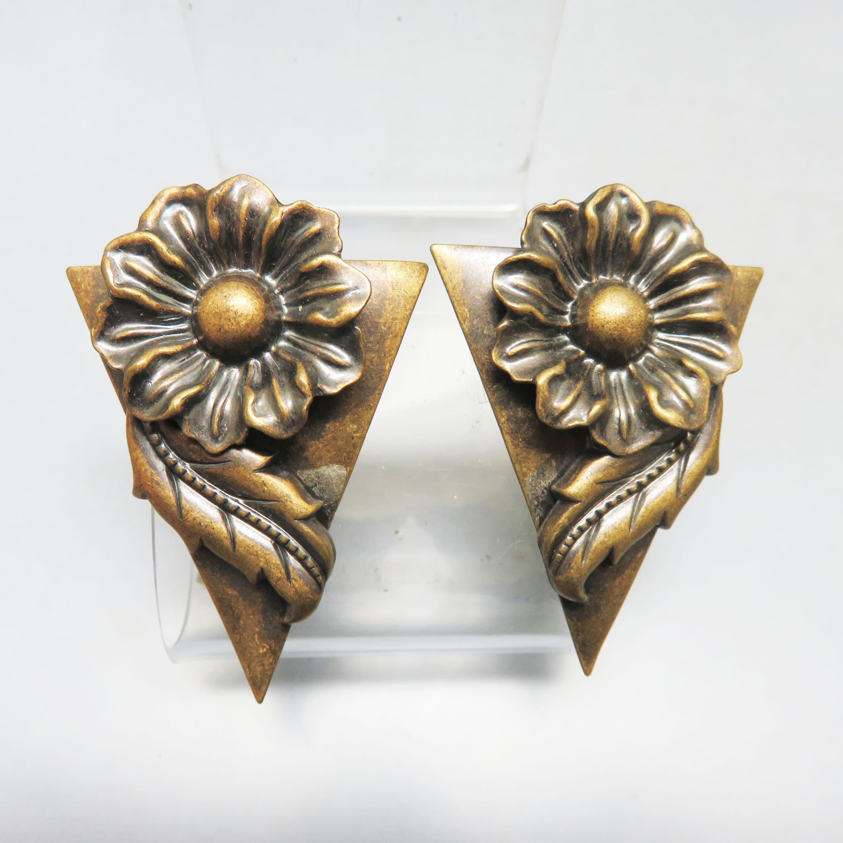 Vintage Antiqued Brass Flower Statement Earrings – Sculptural Floral Triangle Post Earrings
