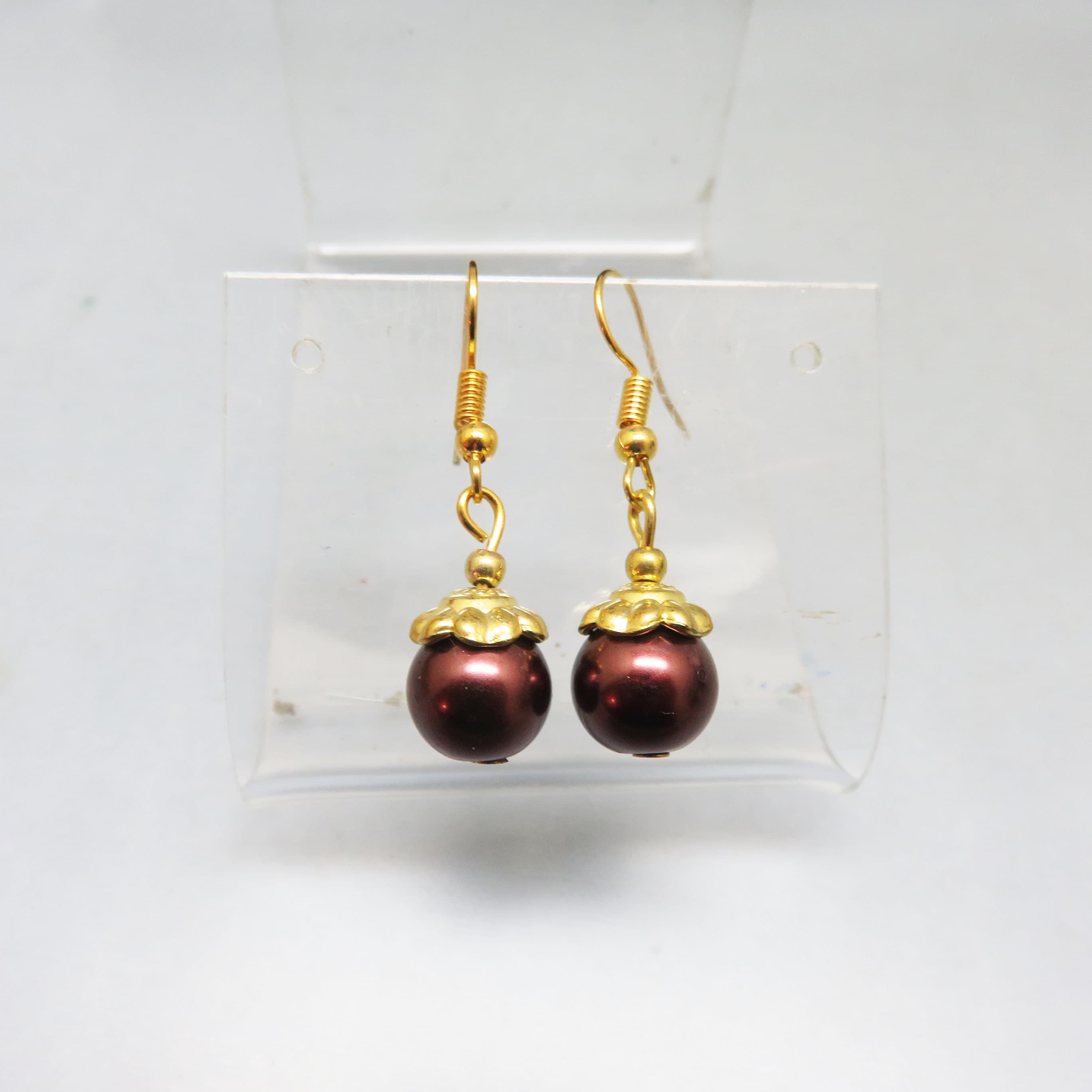 Cranberry Faux Pearl Dangle Earrings – Goldtone Floral French Hooks – Deadstock