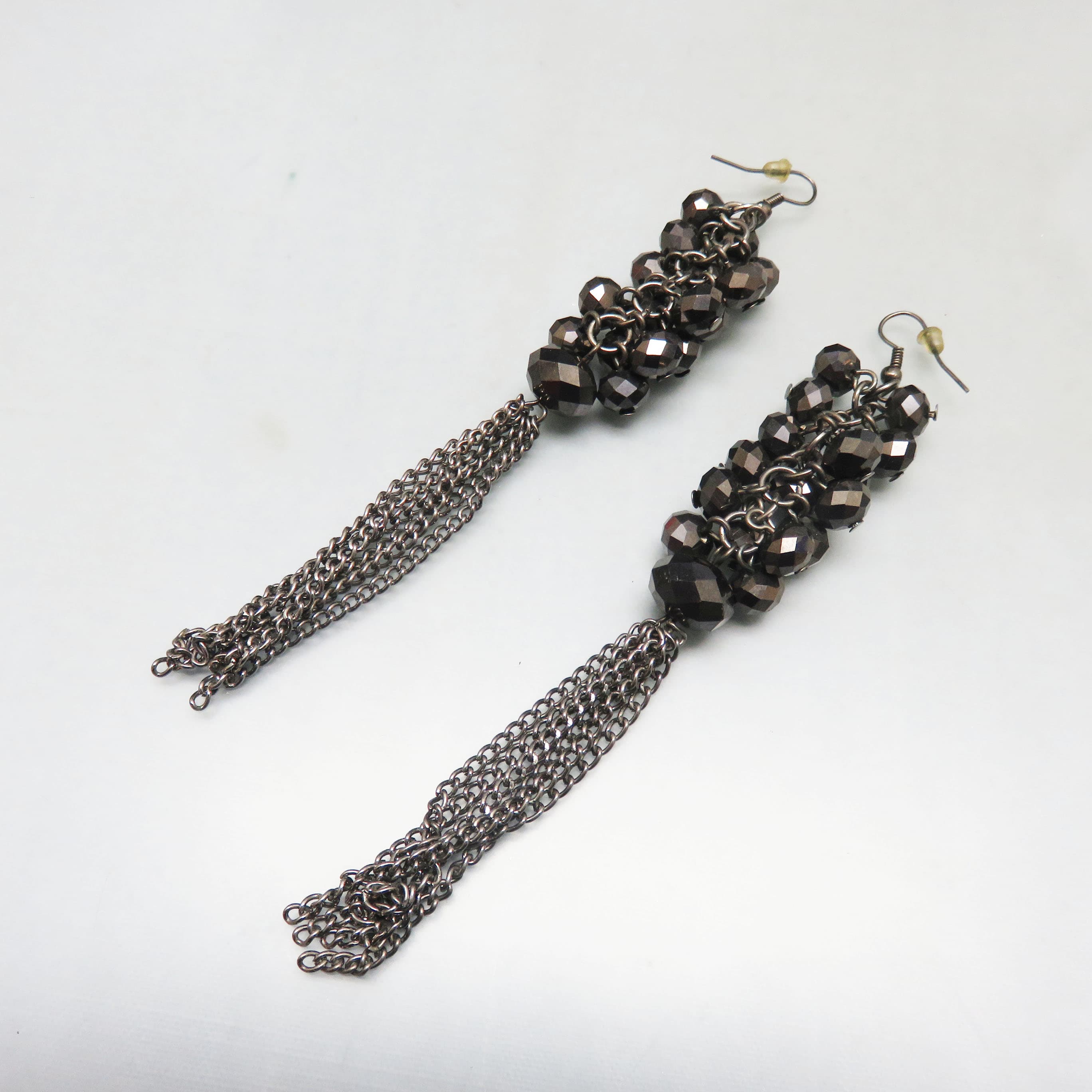 Black Crystal Shoulder Duster Earrings – Dark Chain Tassel French Hooks – 5 1/2 Inch Statement Earrings