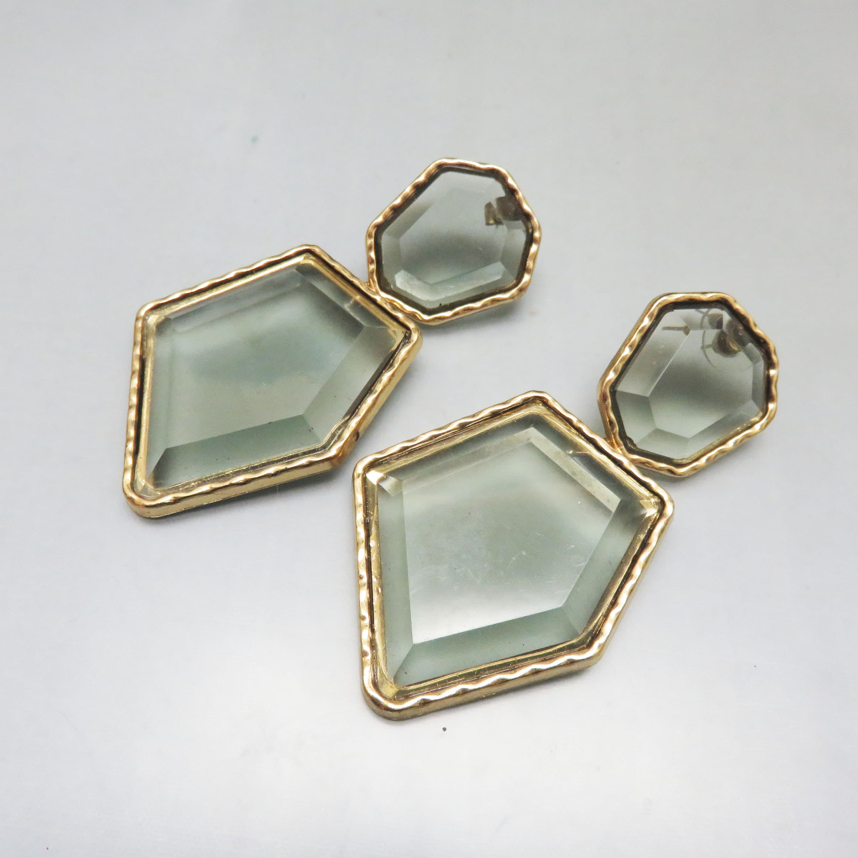 Gray Green Geometric Resin Statement Earrings – Goldtone Pierced Dangles – Modern Sculptural Earrings