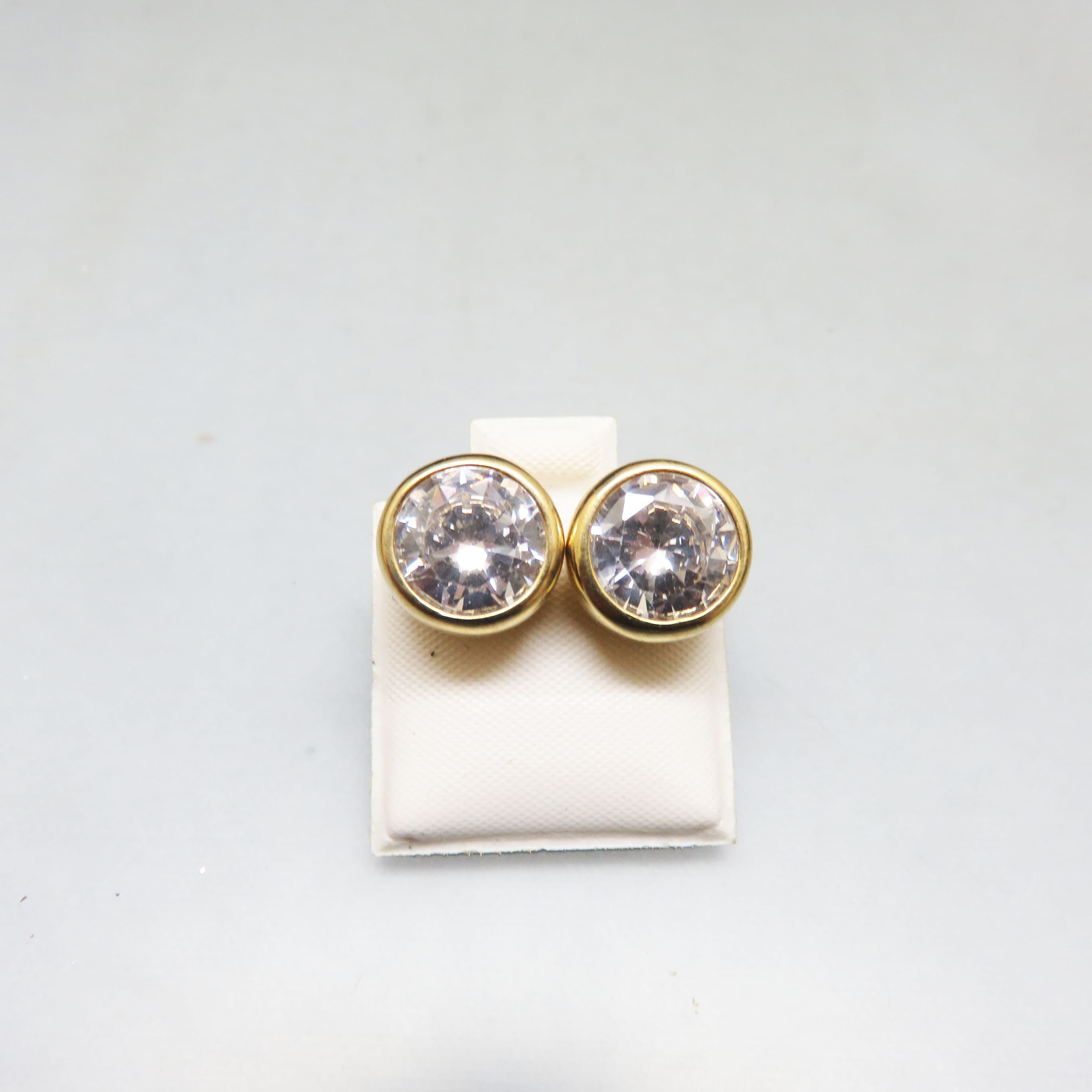 Oversized Clear Rhinestone Stud Earrings – Gold Plated Bezel Set Pierced Earrings – 1/2 Inch