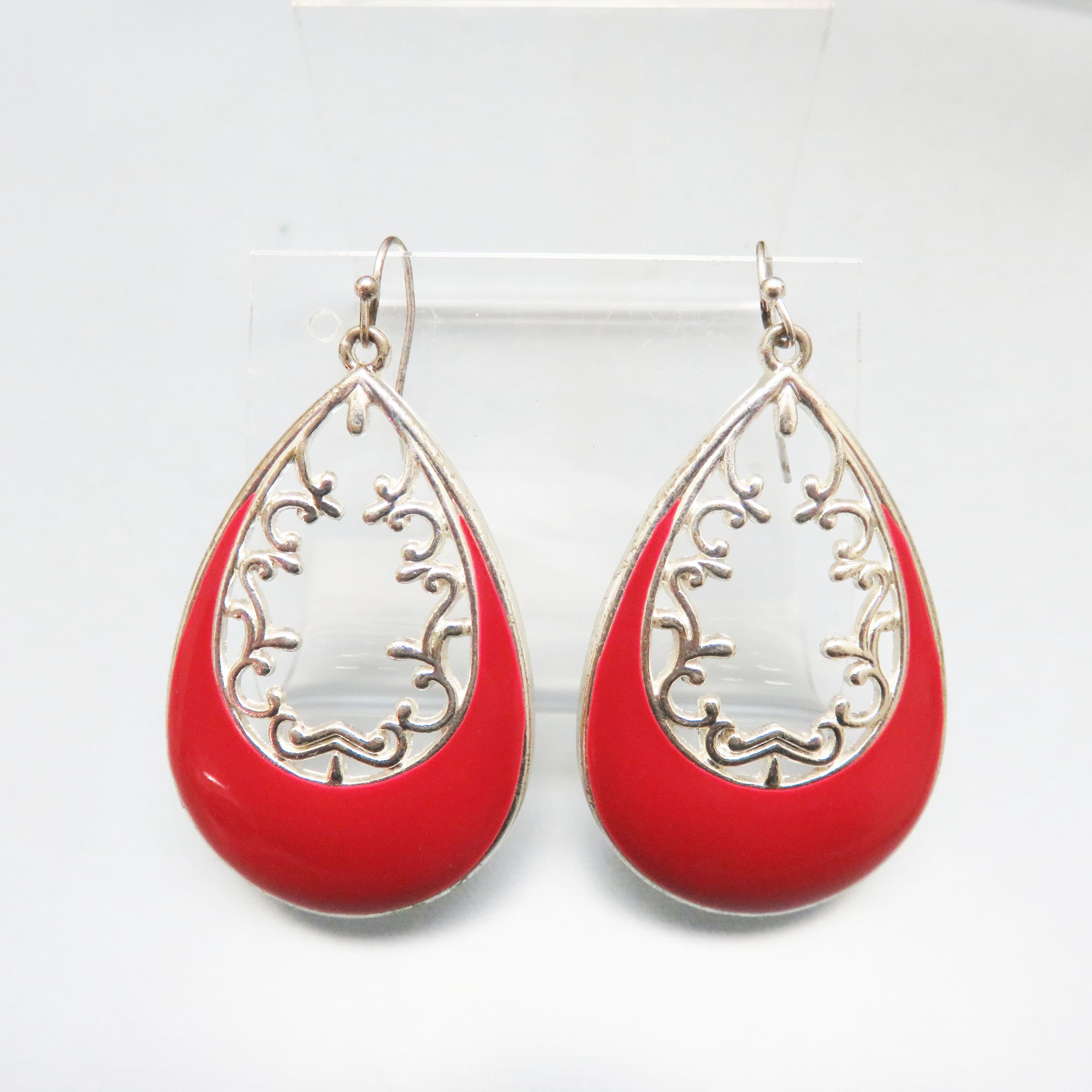 Red Enamel Teardrop Earrings – Silvertone Filigree French Hook Dangles – Bold Vintage Style