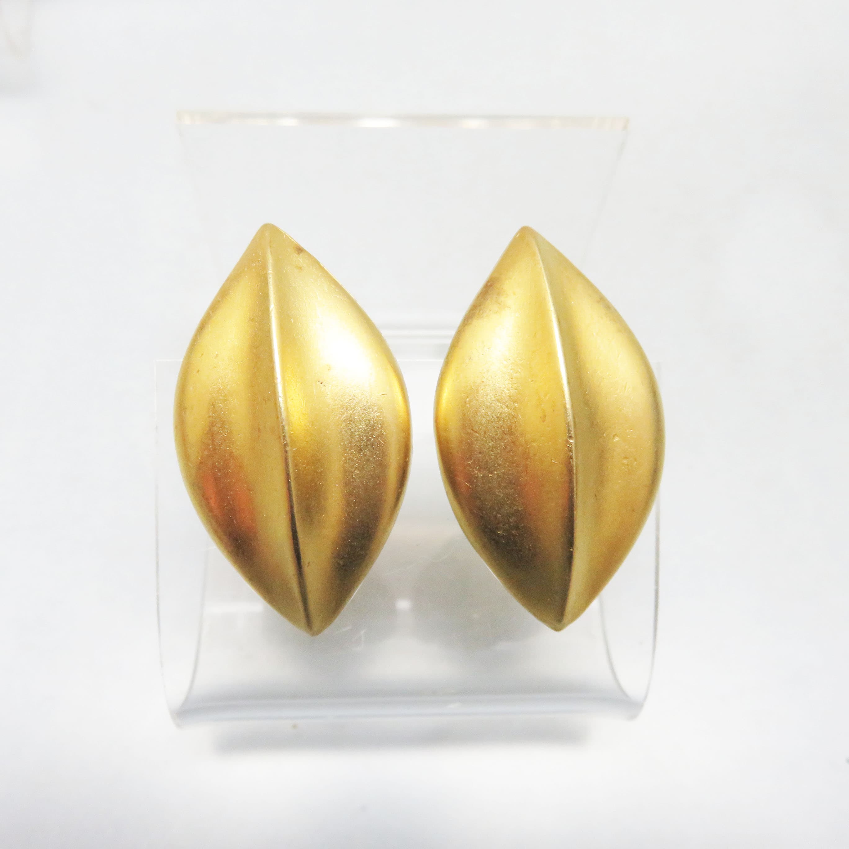 Sculptural Matte Goldtone Clip On Earrings – Large Leaf Navette Statement Earrings