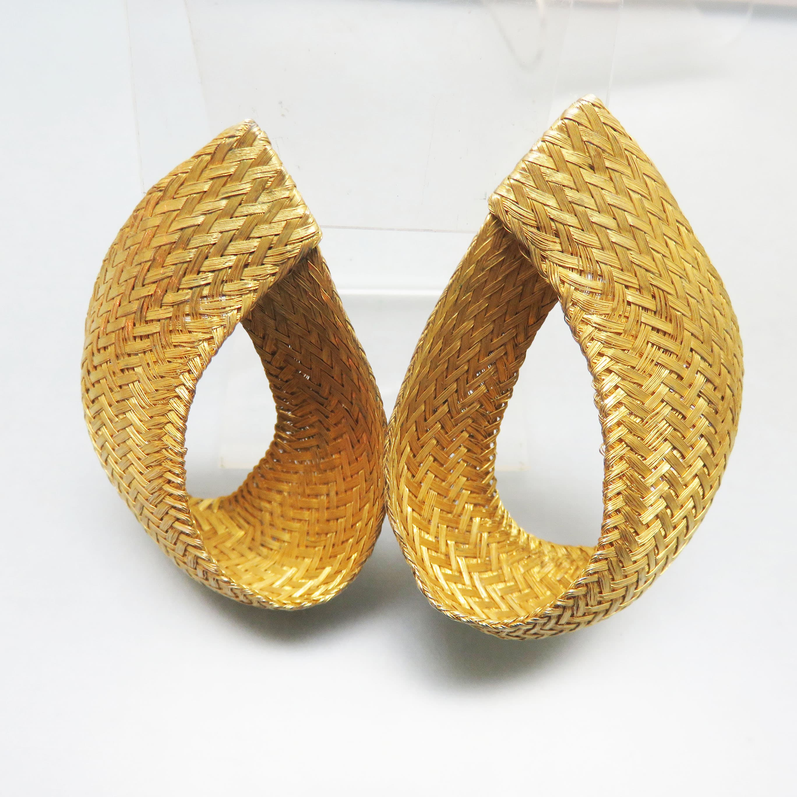 Woven Goldtone Clip On Earrings – Braided Metal Mesh Teardrop Statement Earrings