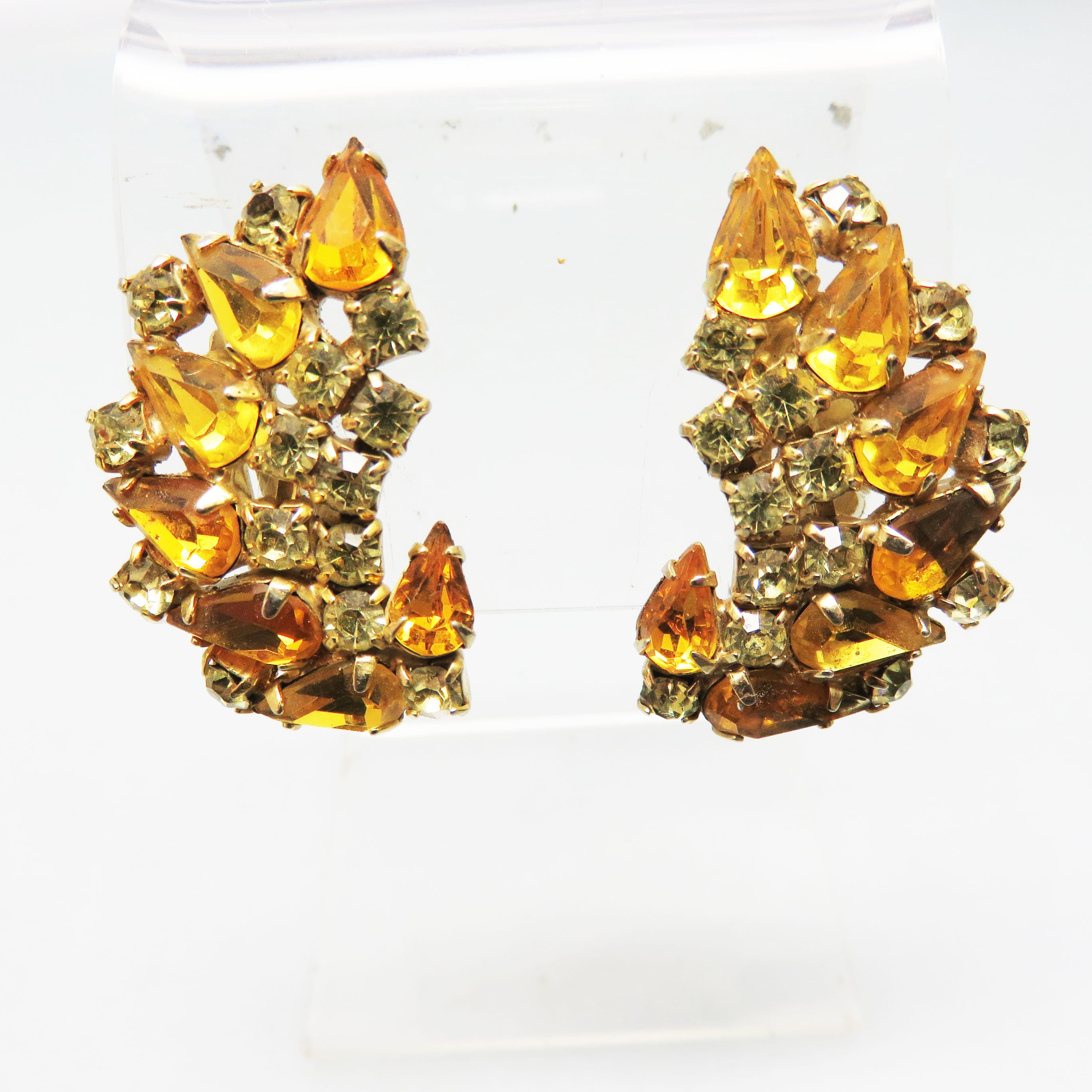 Vintage Amber Rhinestone Clip On Earrings – Golden Teardrop Crystal Statement Clips