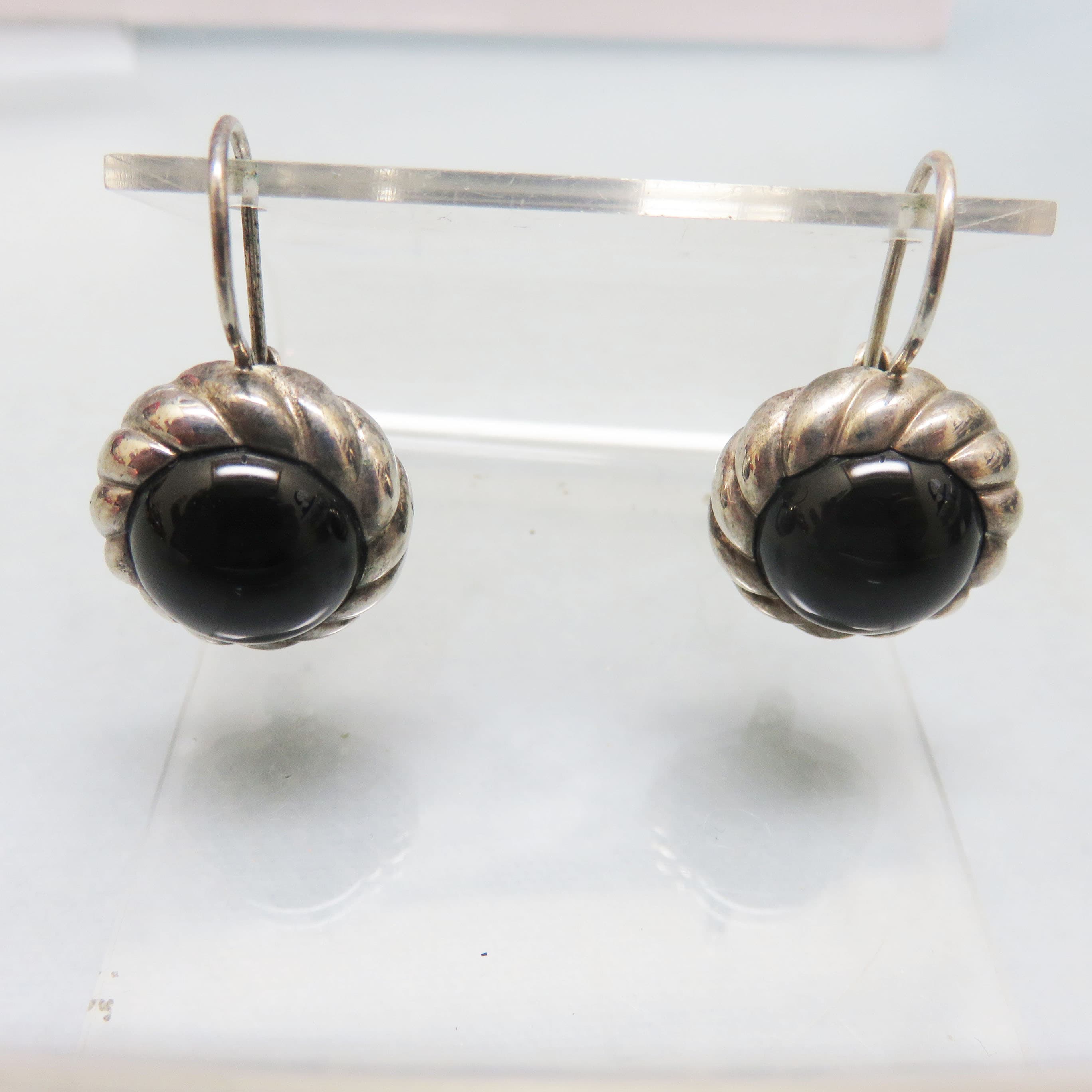 Sterling Silver Black Onyx Lever Back Earrings | 925 Thailand Rope Border Dangles