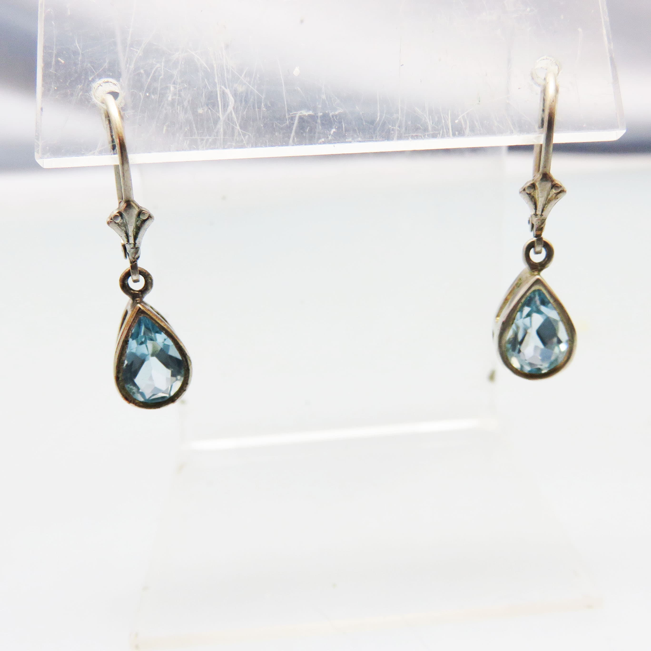 Sterling Silver Blue Topaz Leverback Earrings | 925 Pear Cut Vintage Dangles