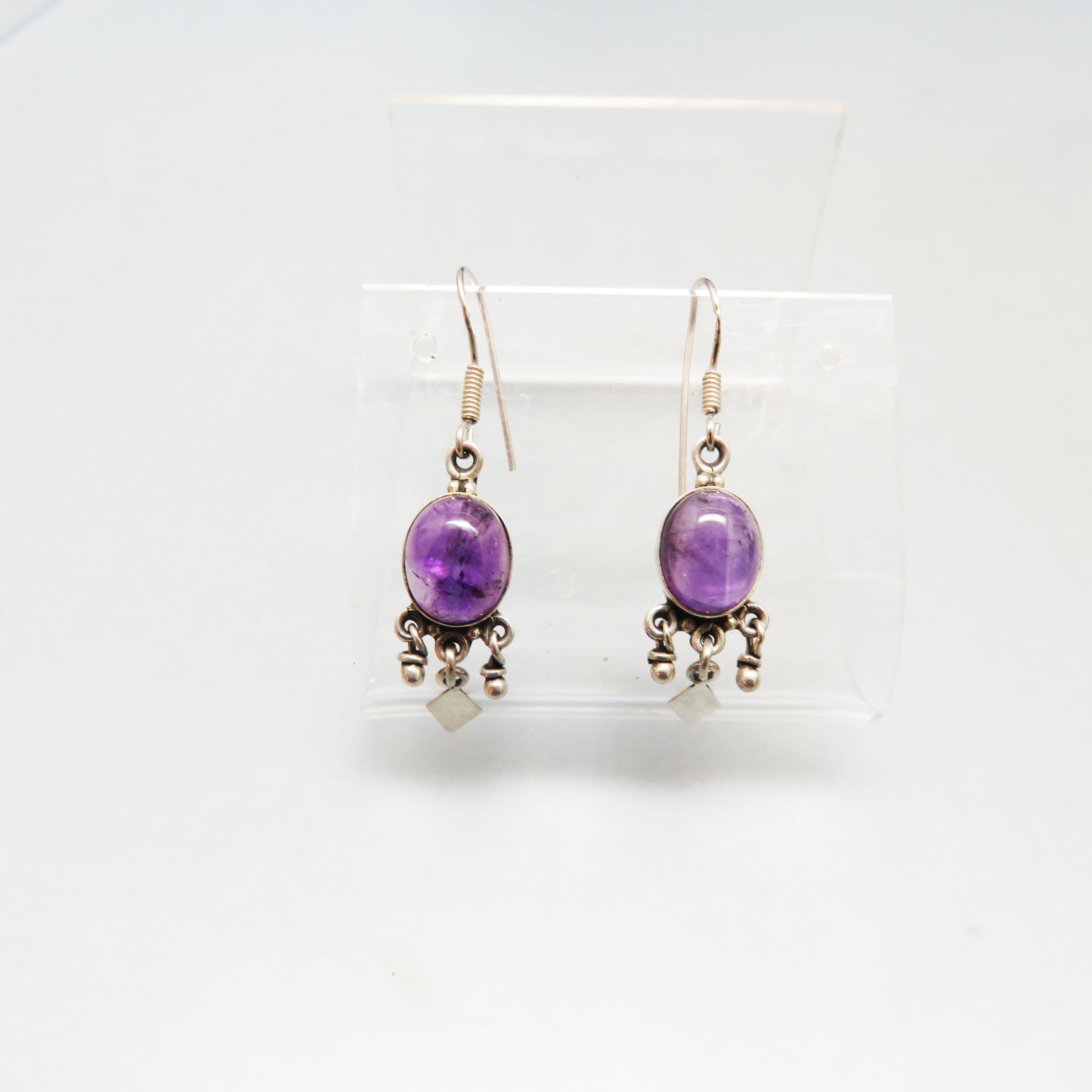Sterling Silver Amethyst Cabochon Dangle Earrings | 925 Artisan Purple Gemstone Earrings