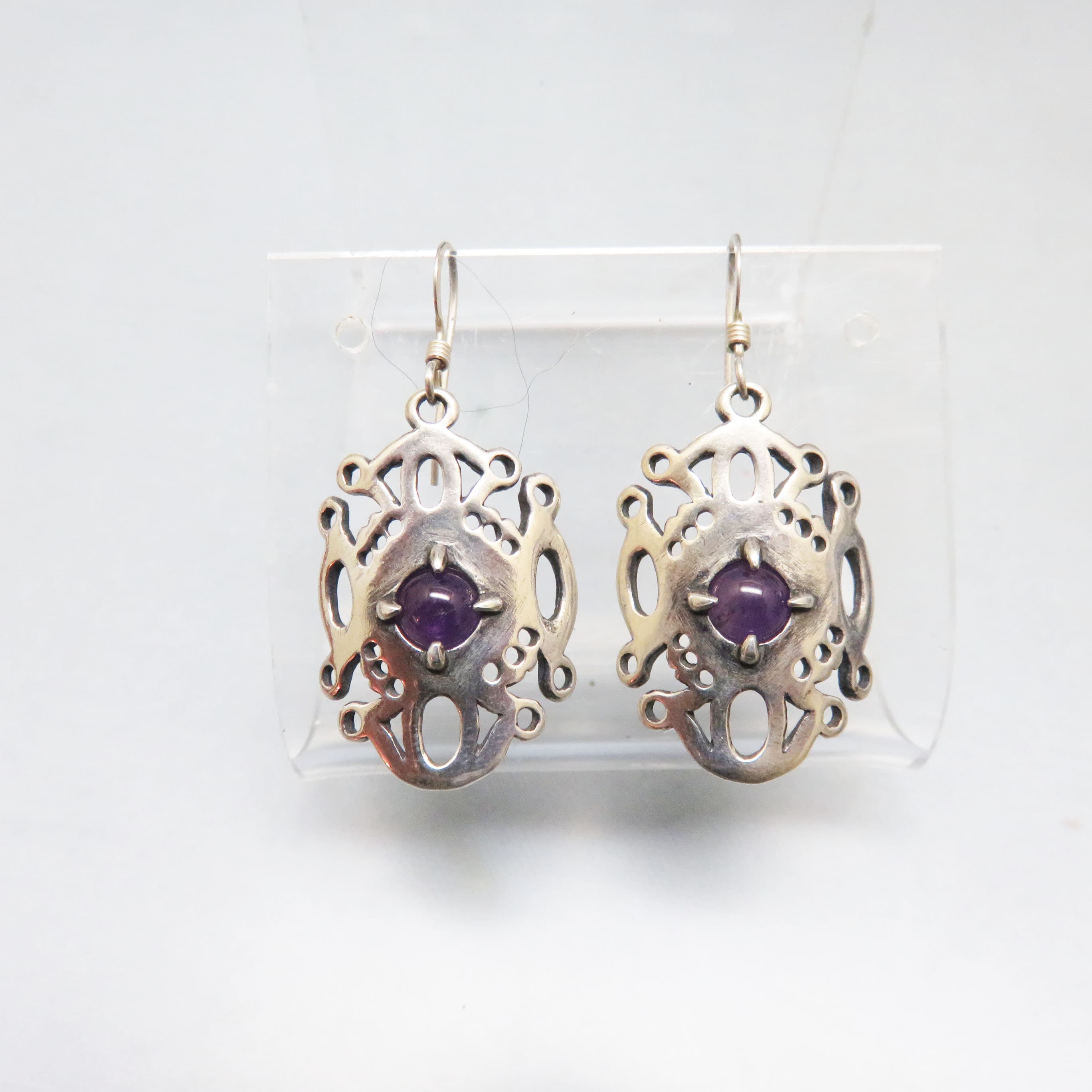Hand Cast Sterling Silver Amethyst Earrings | Artisan Openwork Purple Gemstone Dangles
