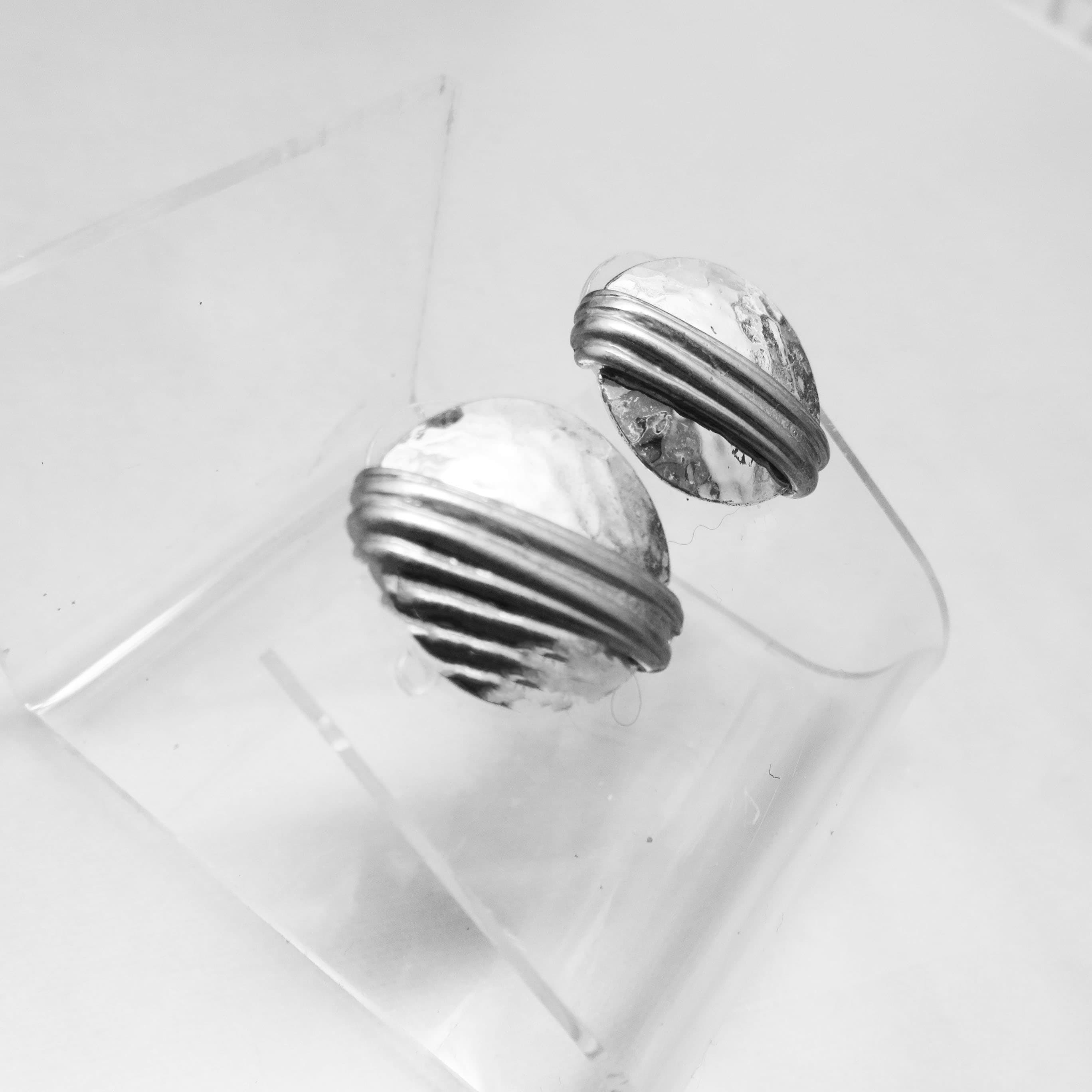 Handmade Sterling Silver Button Earrings | Hammered Modernist 3 Band Post Earrings