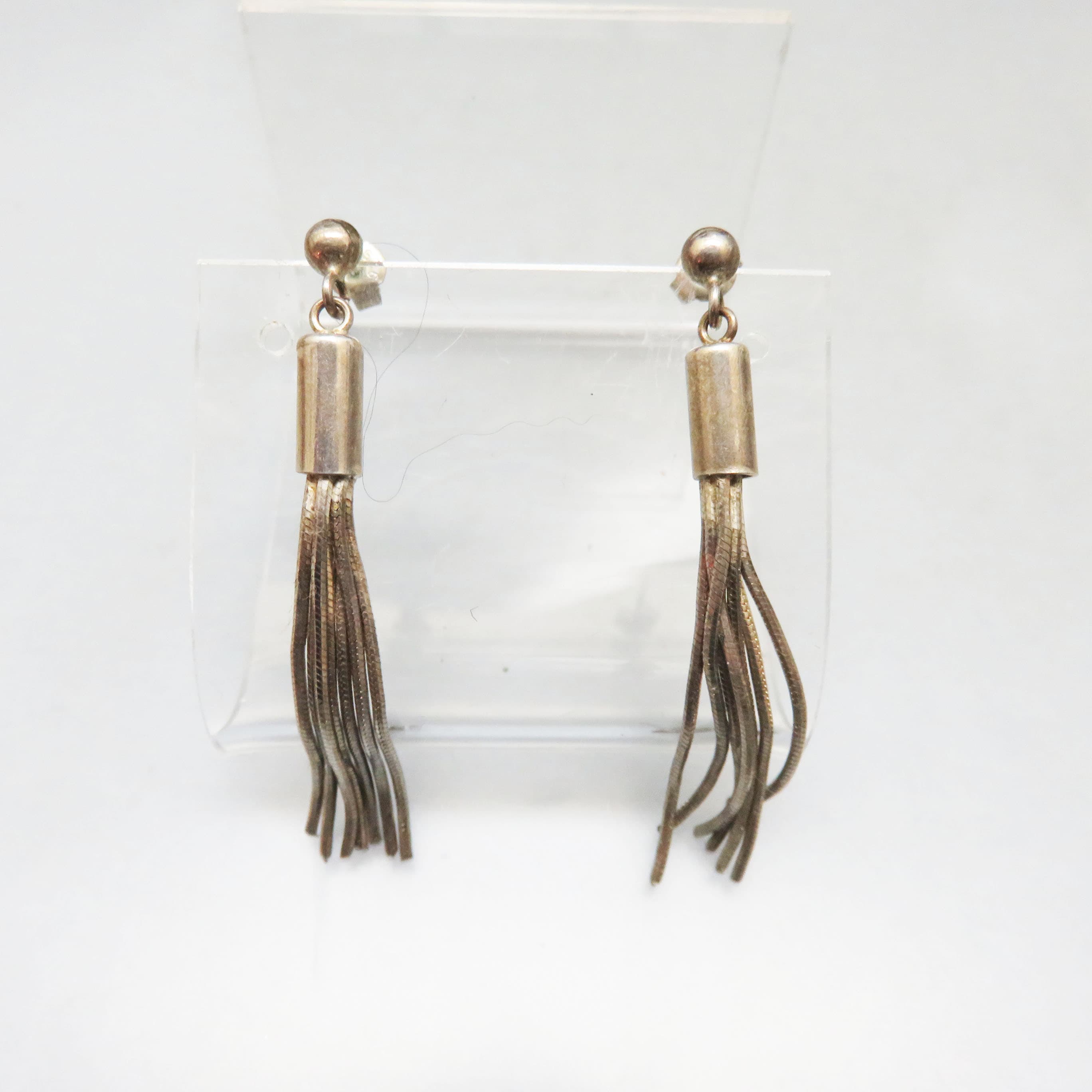 Sterling Silver Chain Tassel Earrings | 925 Vintage Modernist Post Dangles