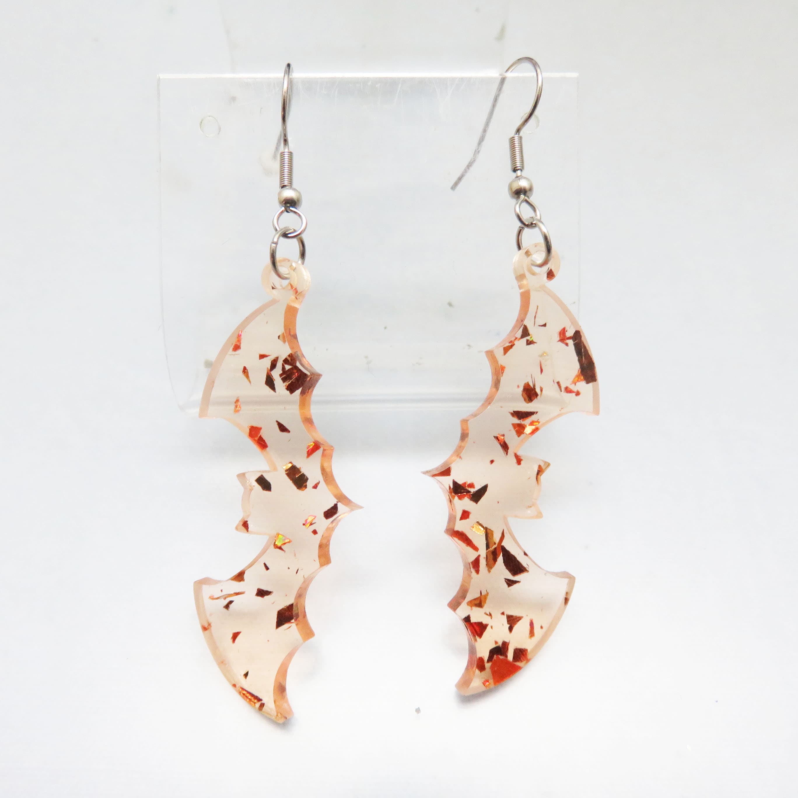 Glitter Acrylic Bat Earrings, Translucent Orange Fleck Halloween Dangles, Silver Tone French Hooks