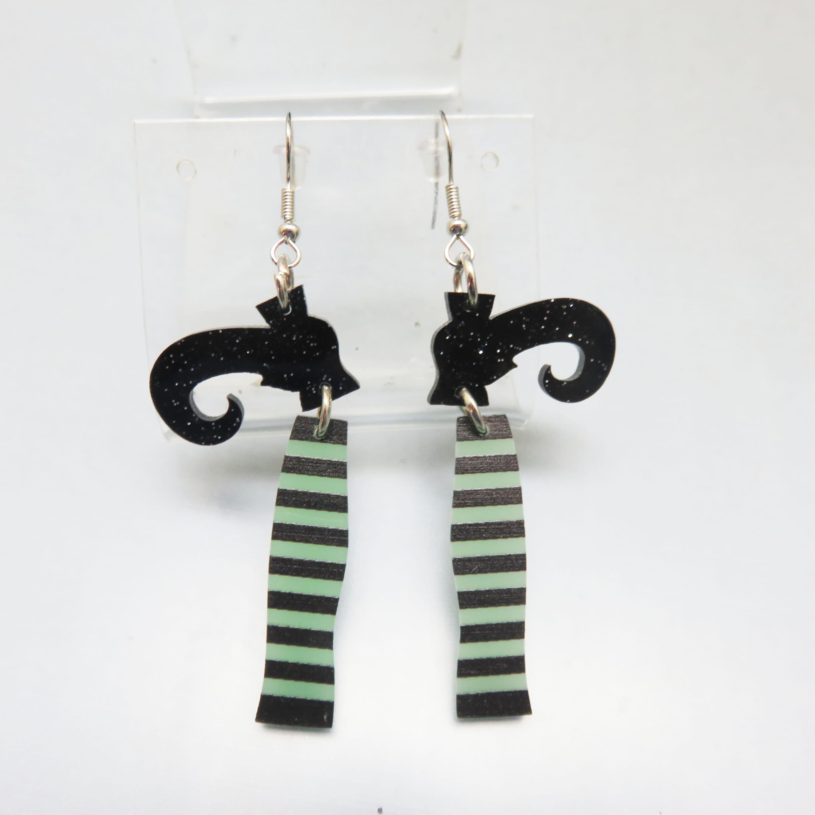 Witch Legs Acrylic Earrings, Black Glitter Shoes, Green Striped Halloween Dangles, 3 Inch Earrings