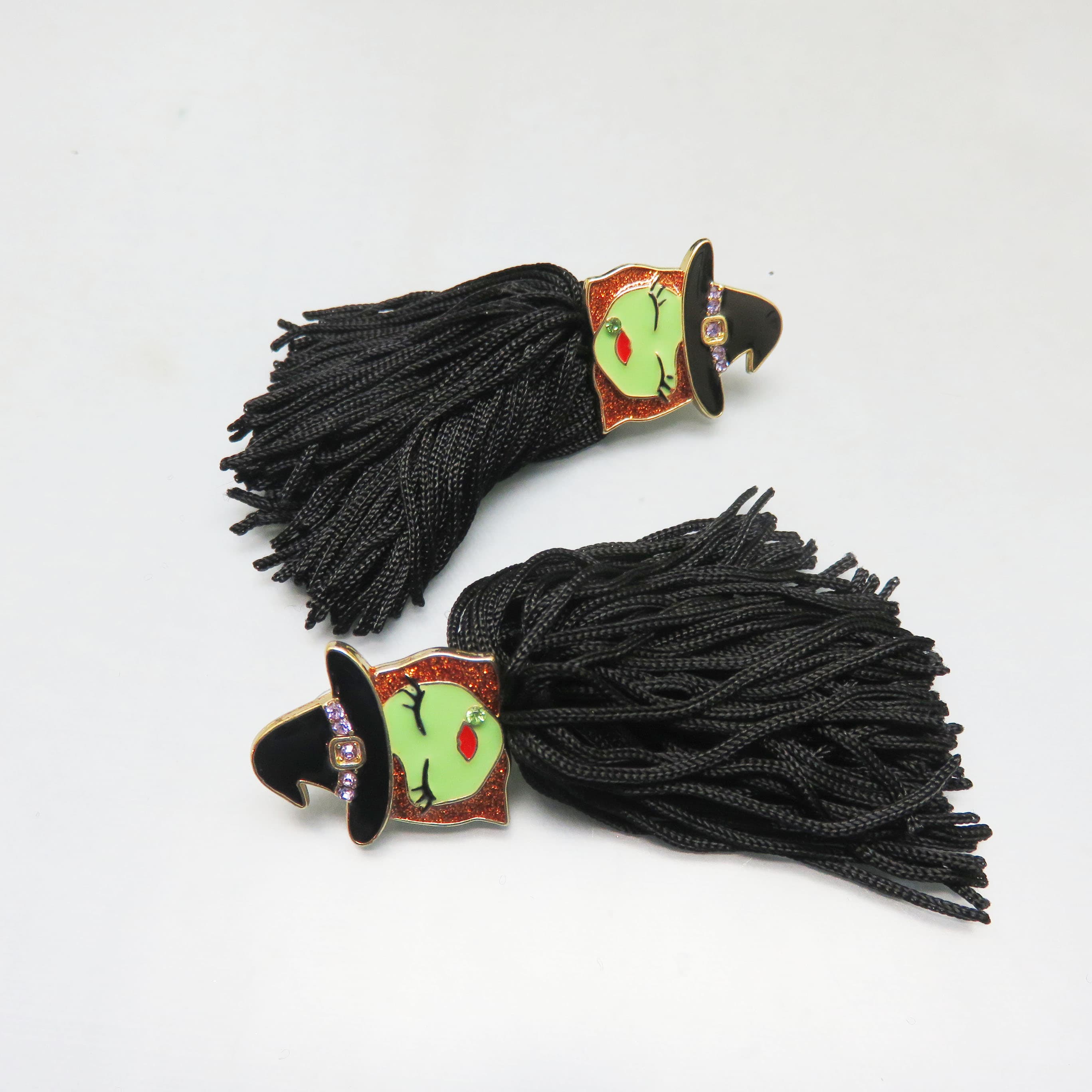 Witch Tassel Earrings, Green Face Witch Head Earrings, Black Tassel Post Earrings, Halloween Statement Earrings