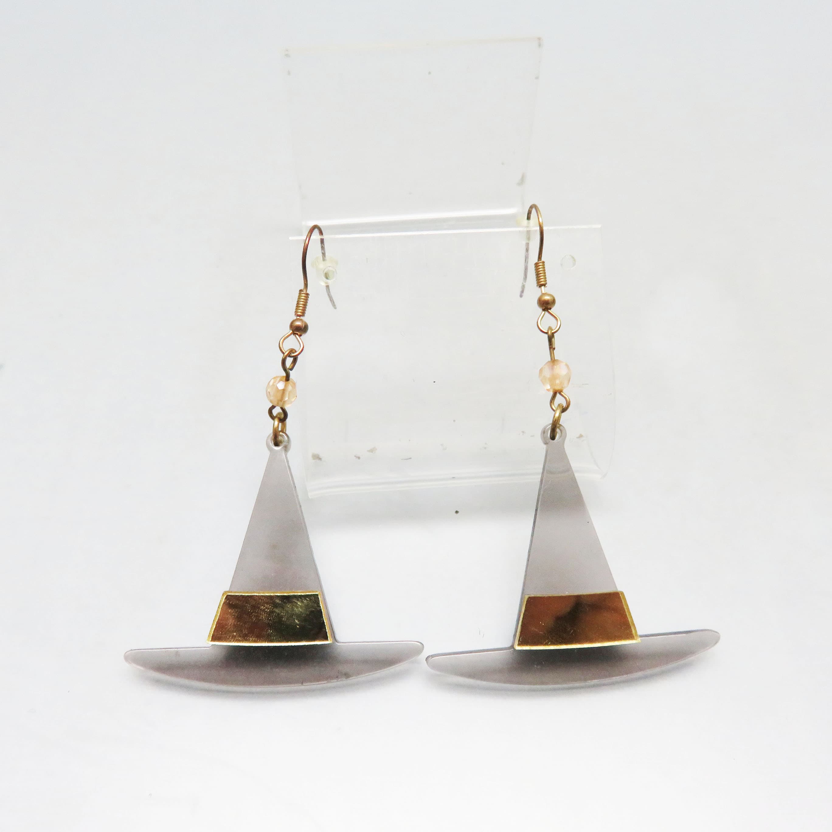 Translucent Gray Witch Hat Earrings, Acrylic Halloween Dangles, Goldtone French Hooks, 3 Inch Earrings