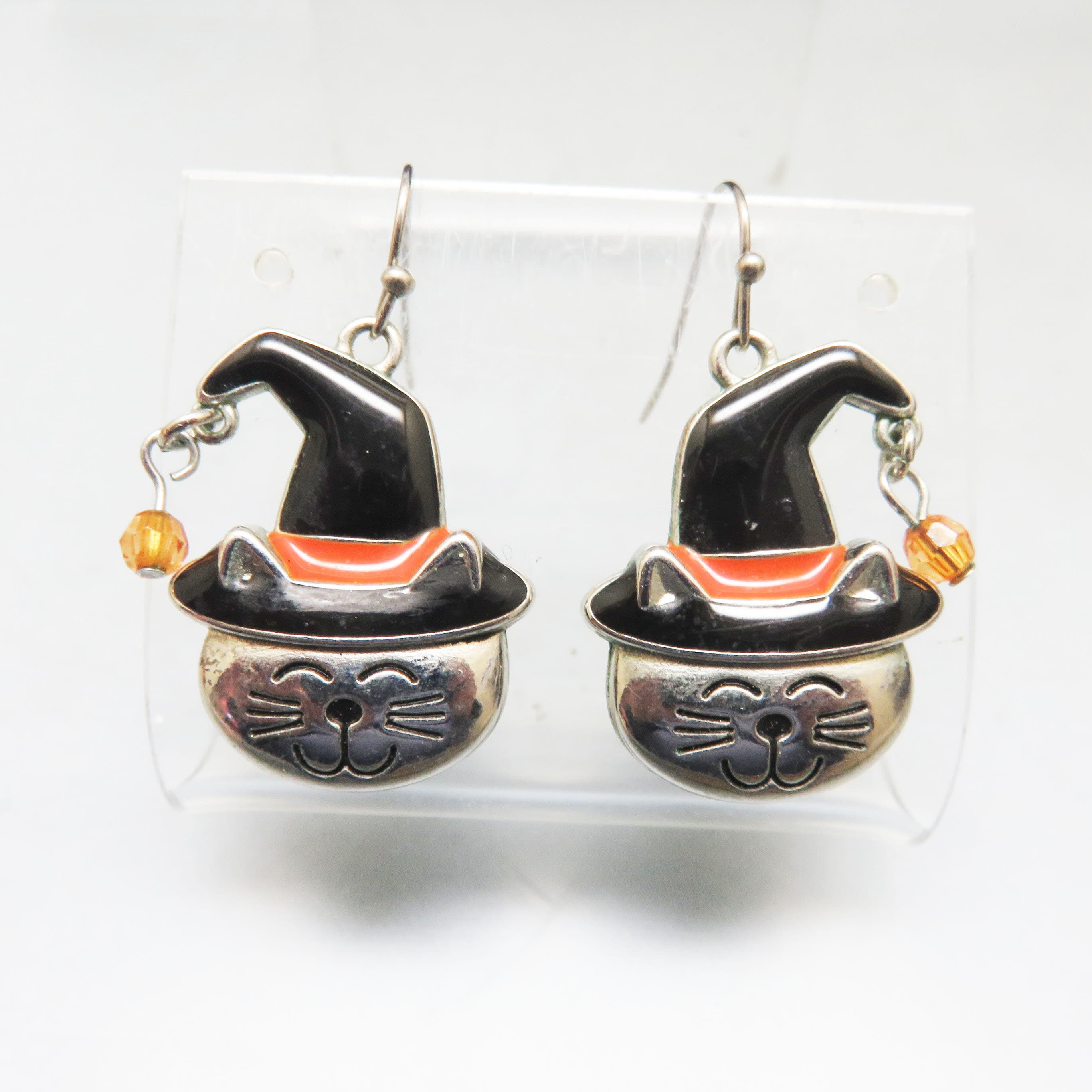 Witch Cat Earrings, Silvertone Enamel Halloween Dangles, Black Hat Orange Accent, French Hook Earrings