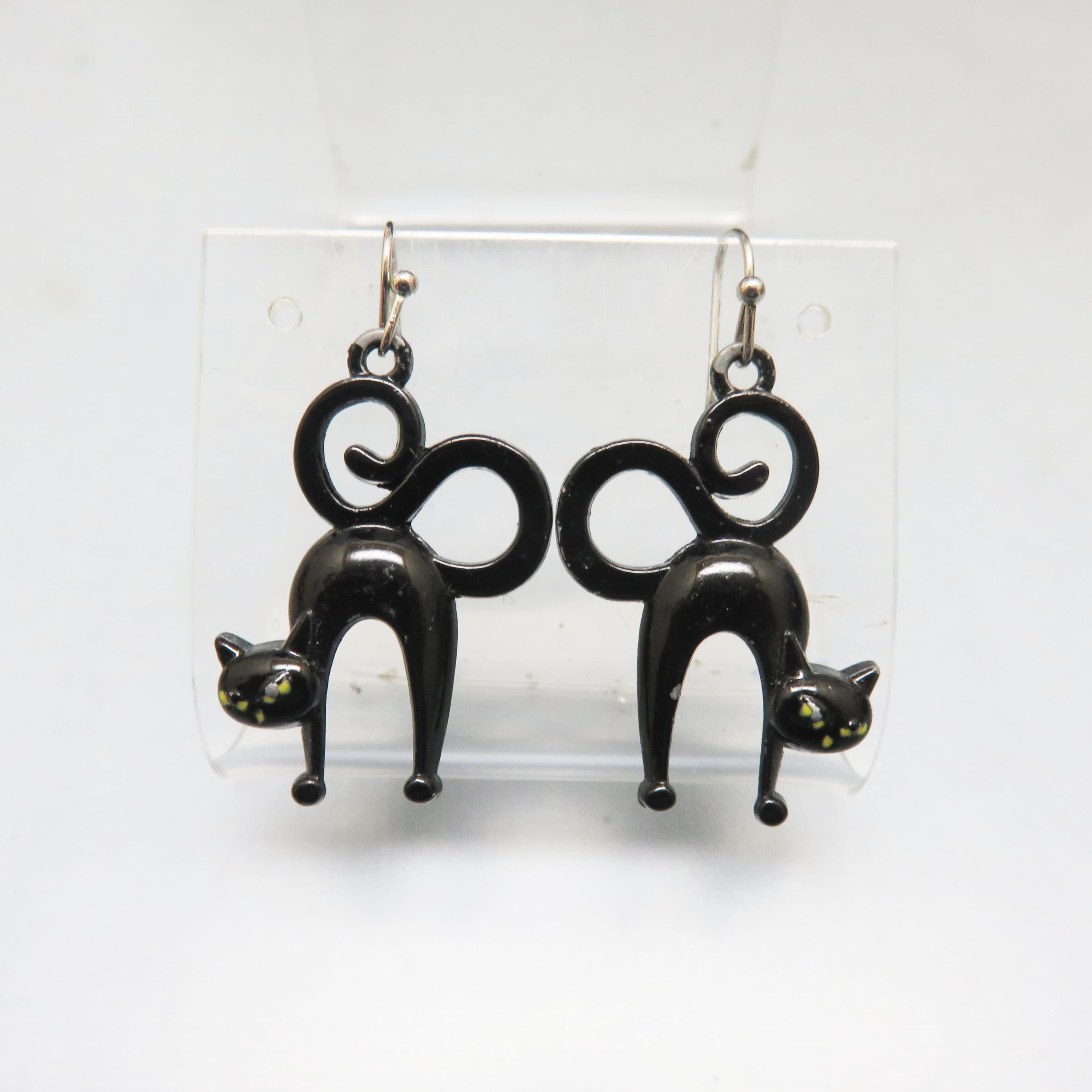 Black Cat Earrings, Curly Tail Halloween Dangles, Enameled Metal Cat Earrings, French Hook Earrings