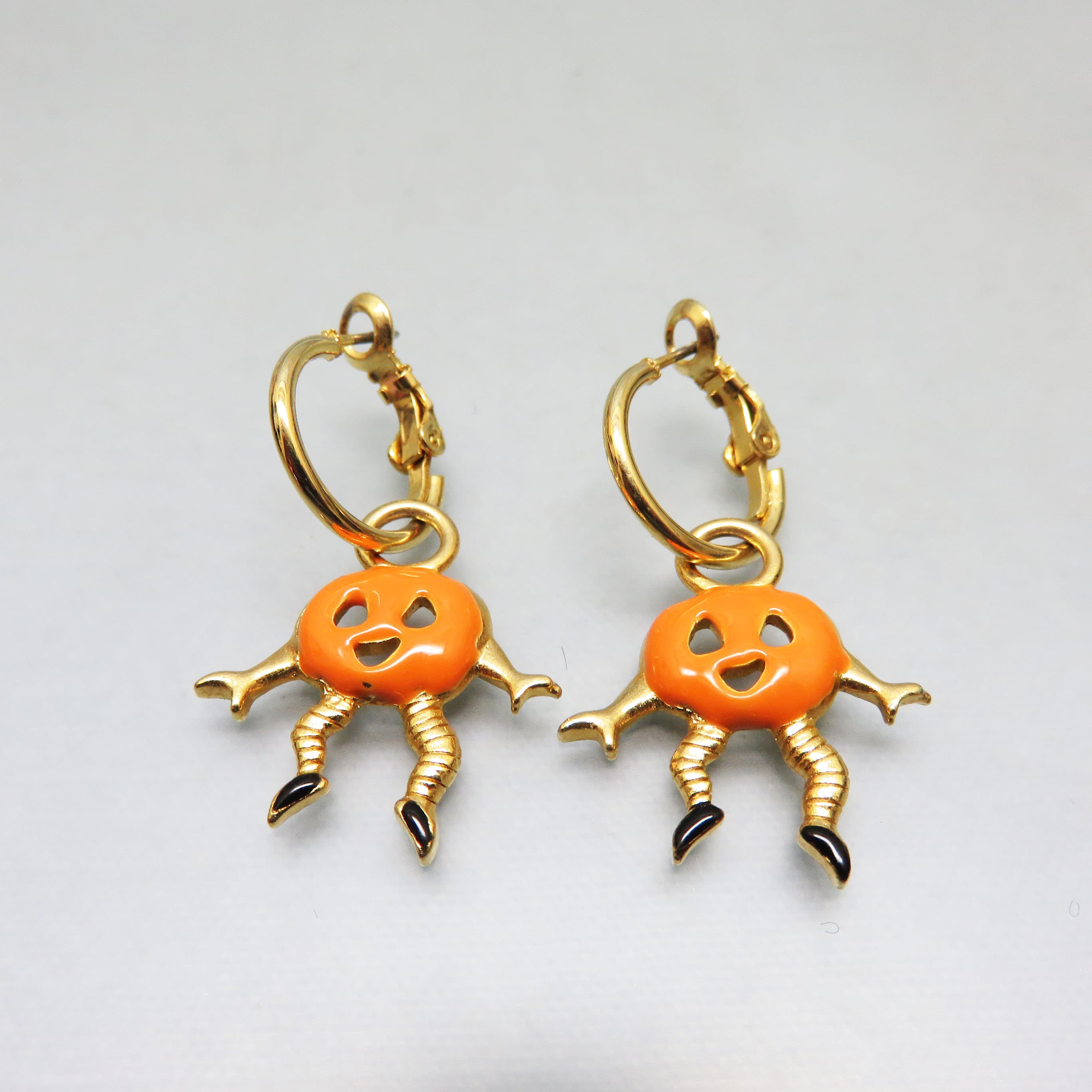 Dancing Pumpkin Hoop Earrings, Enameled Jack O Lantern Charms, Goldtone Halloween Dangle Earrings