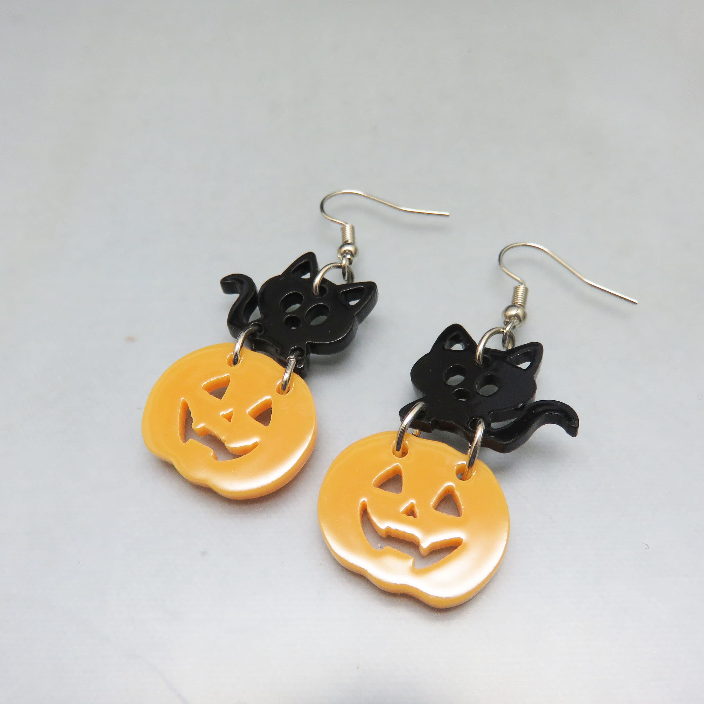 Black Cat Pumpkin Earrings, Two Sided Acrylic Halloween Dangles, Jack O Lantern Cat Earrings