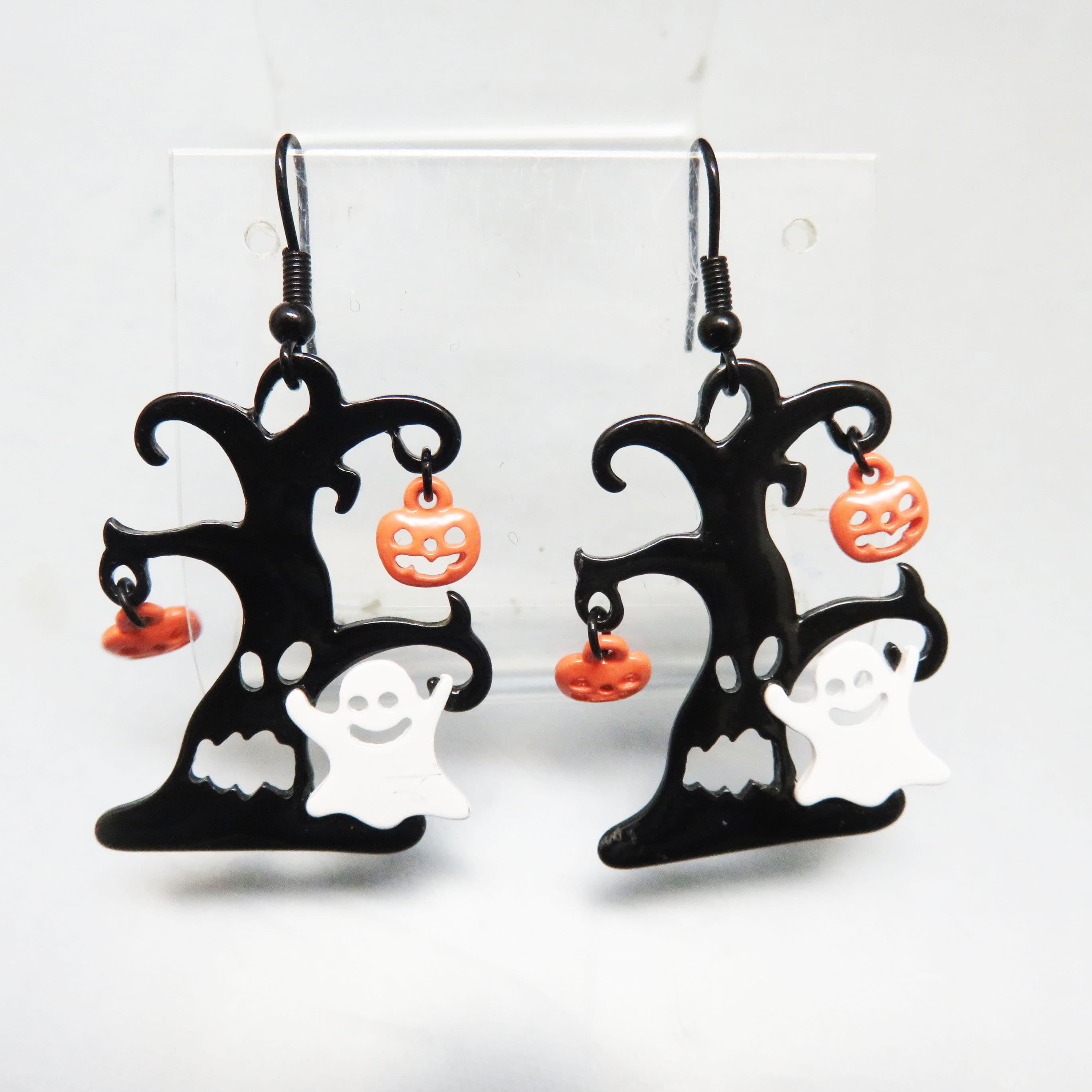 Haunted Tree Ghost Earrings, Dangling Jack O Lanterns, Painted Metal Halloween French Hook Earrings