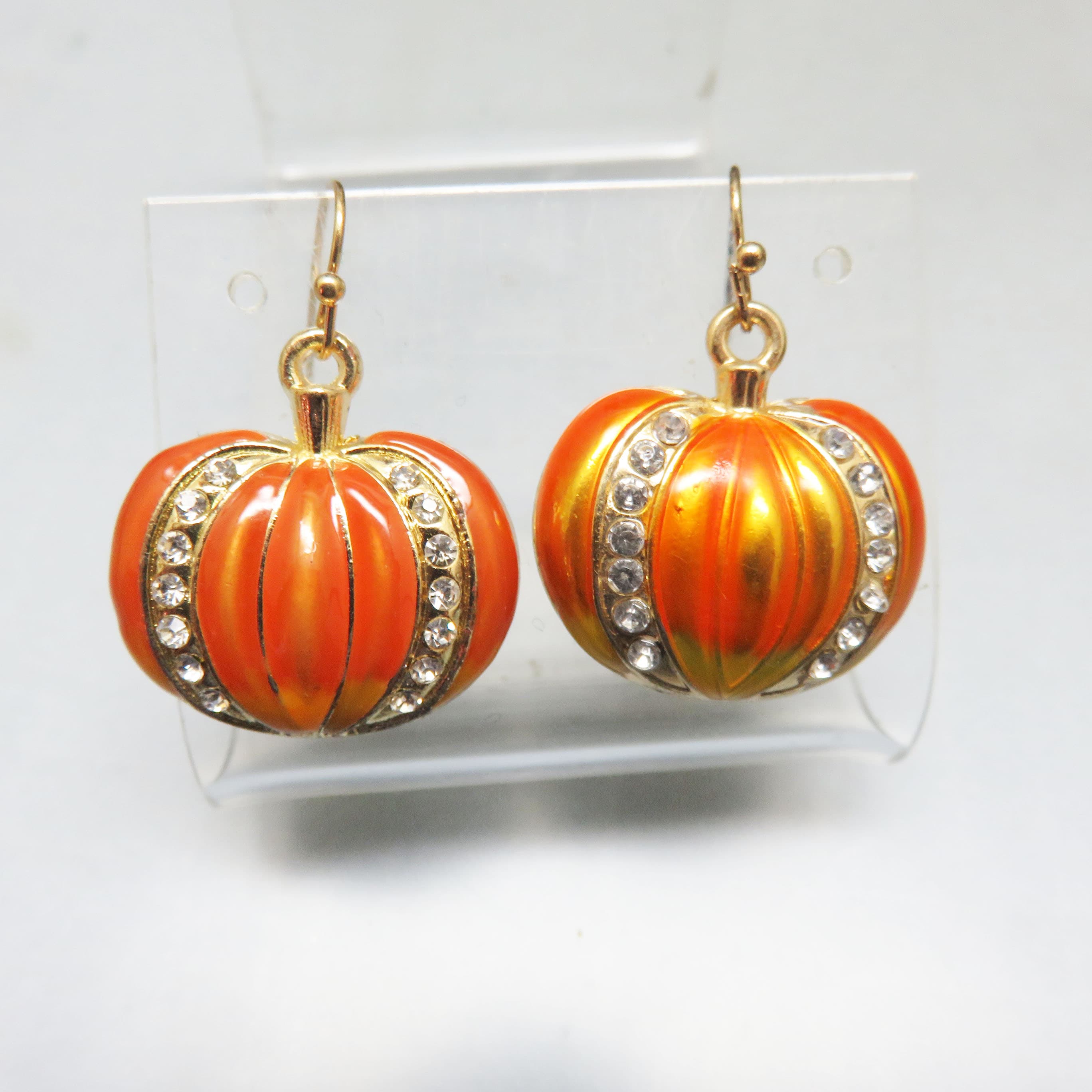 Rhinestone Pumpkin Earrings, Orange Enamel Goldtone Halloween Dangles, Vintage Style French Hook Earrings