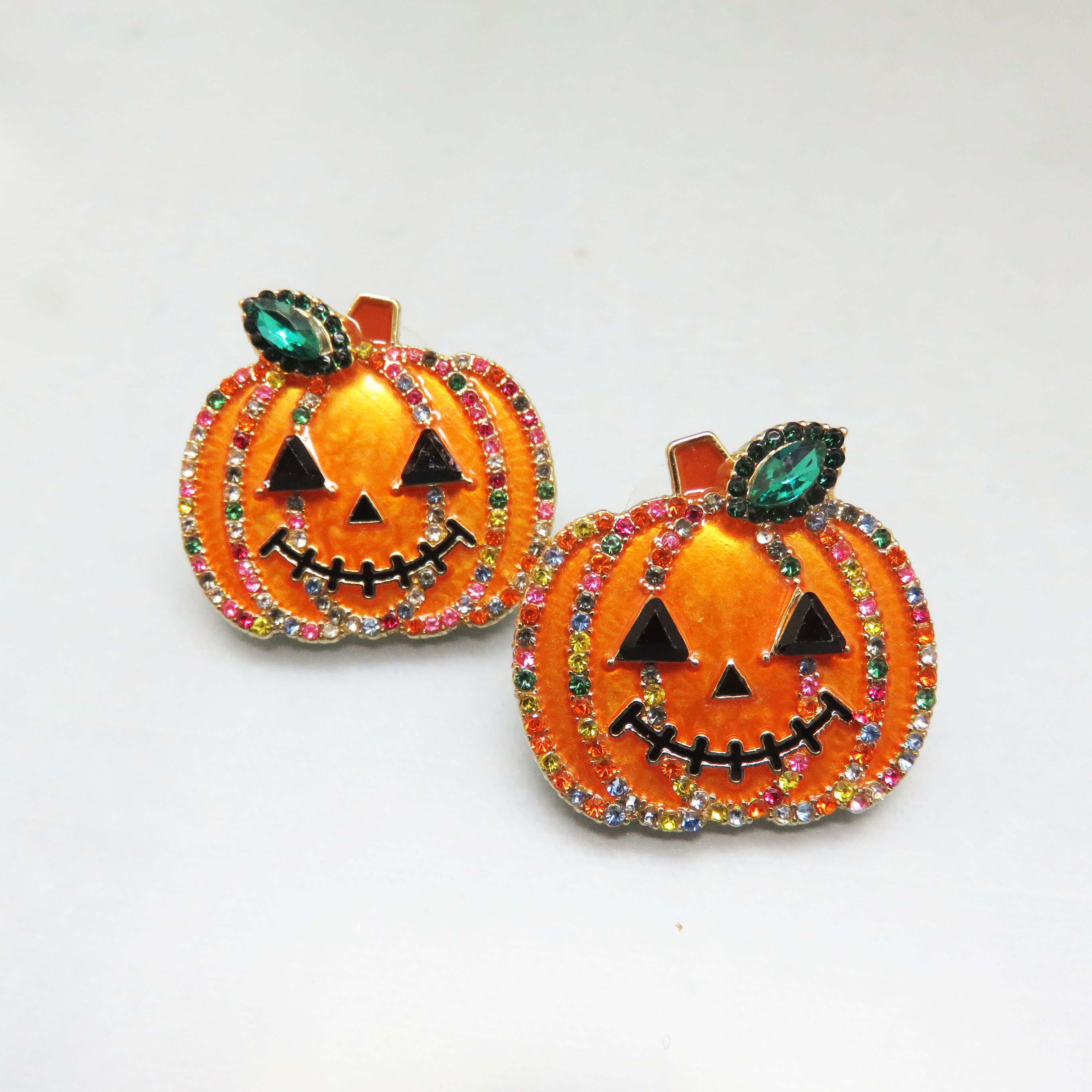 Rhinestone Jack O Lantern Earrings, Orange Enamel Pumpkin Posts, Multicolor Halloween Statement Earrings
