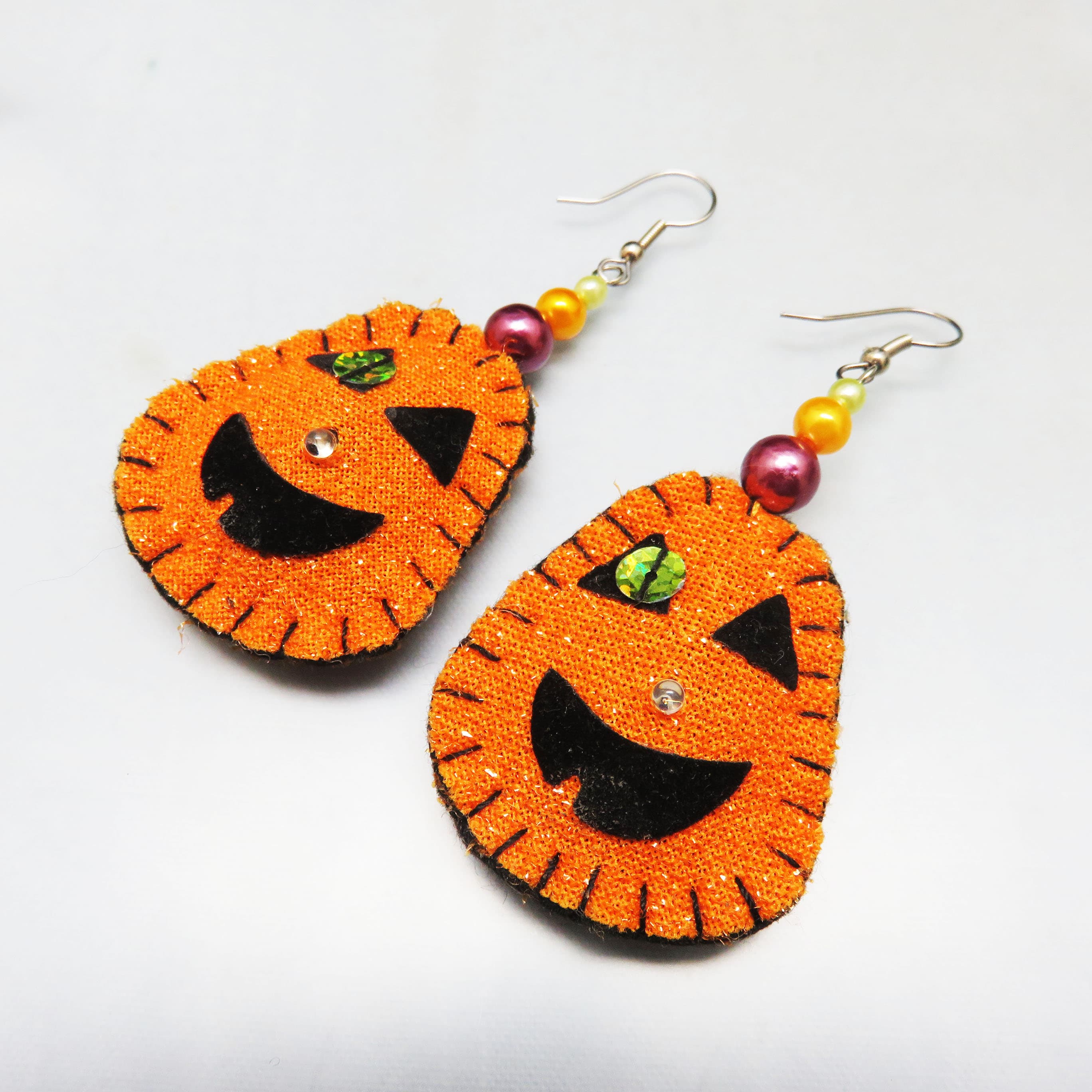 Glitter Felt Pumpkin Earrings, Possible Light Up Jack O Lanterns, Hand Stitched Halloween Dangles