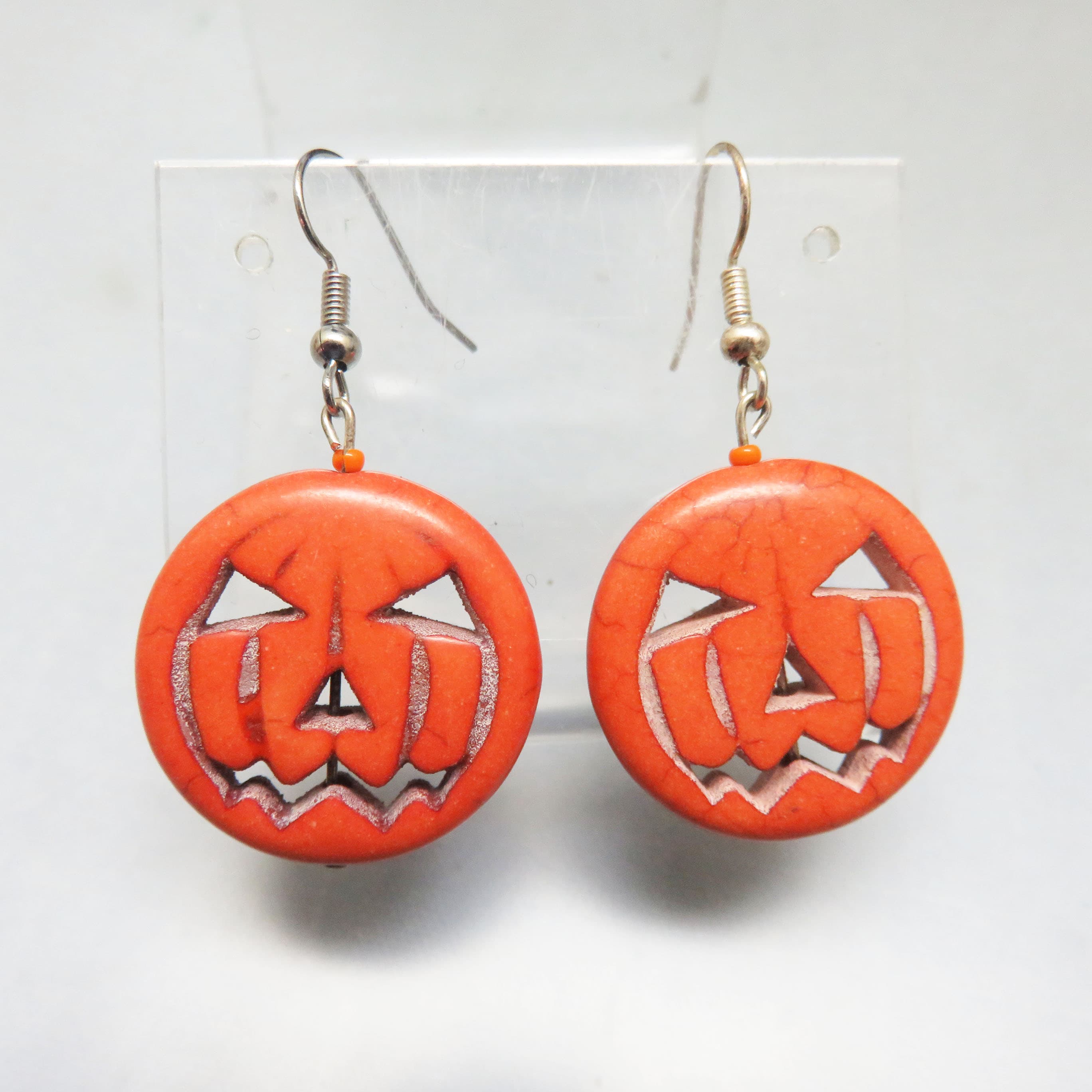 Carved Orange Stone Jack O Lantern Earrings, Pumpkin Bead Halloween Dangles, French Hook Earrings
