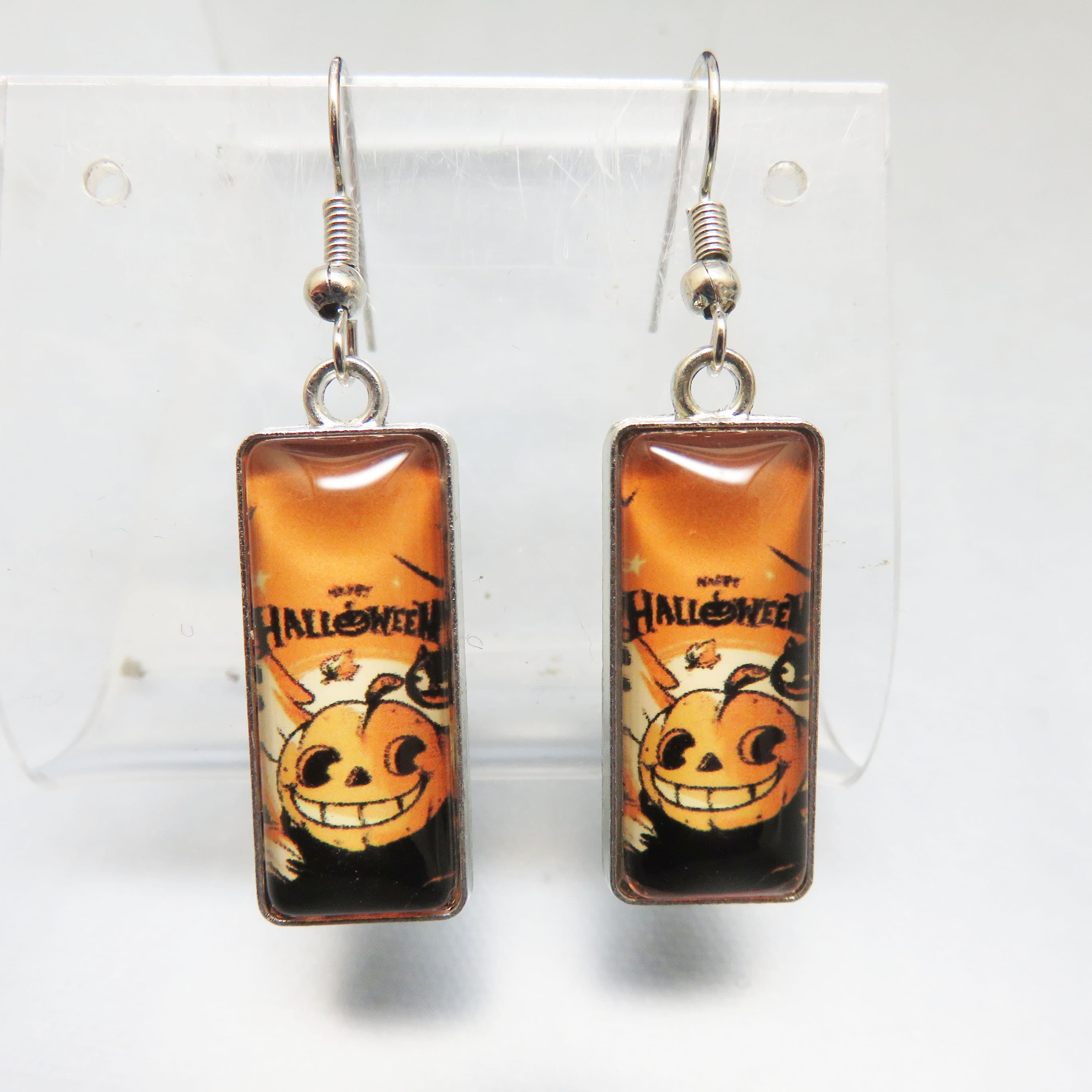 Retro Halloween Pumpkin Earrings, Happy Halloween Picture Under Glass, Silvertone French Hook Dangles
