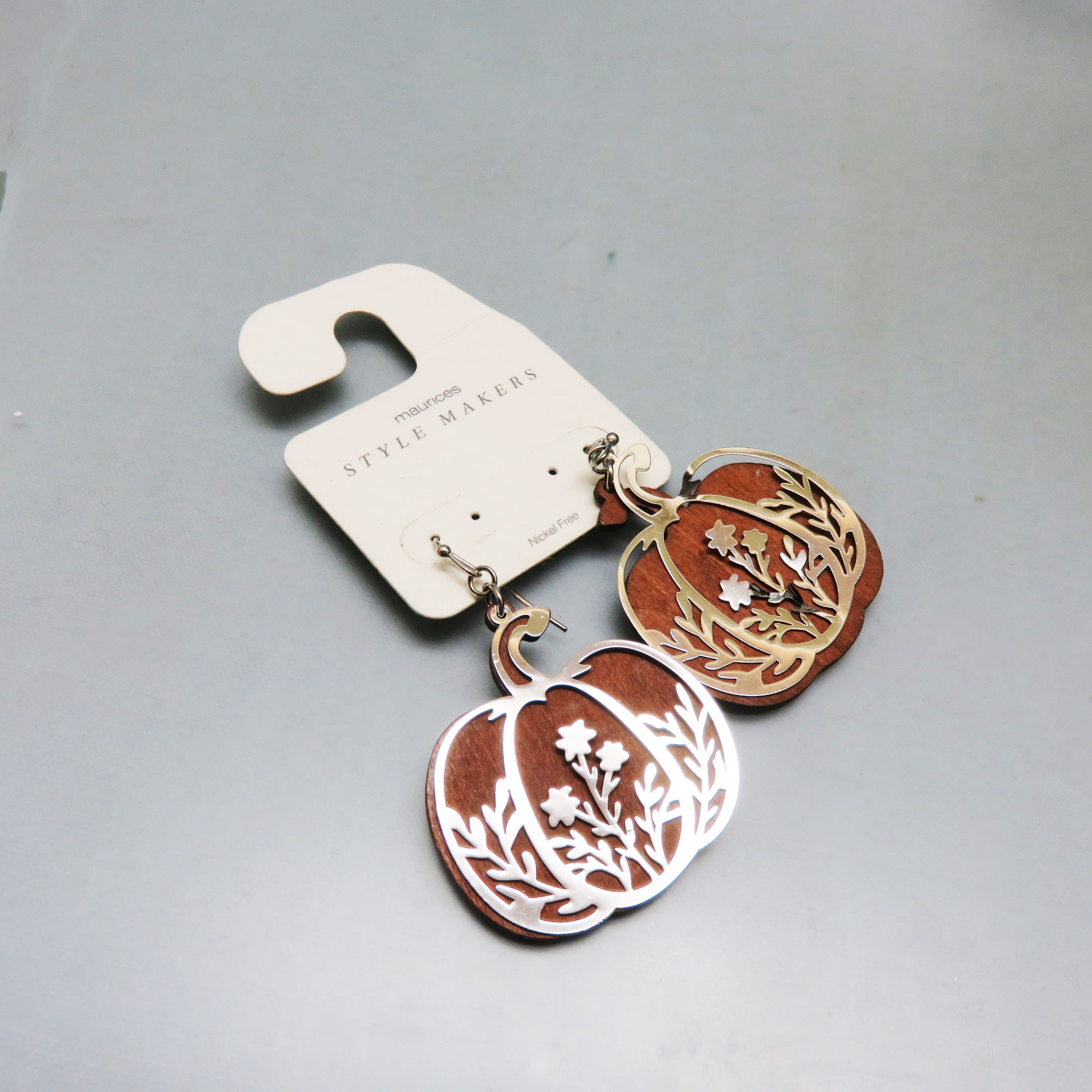 Maurices Style Makers Pumpkin Earrings, Wood and Silvertone Botanical Dangles, Autumn Harvest Earrings