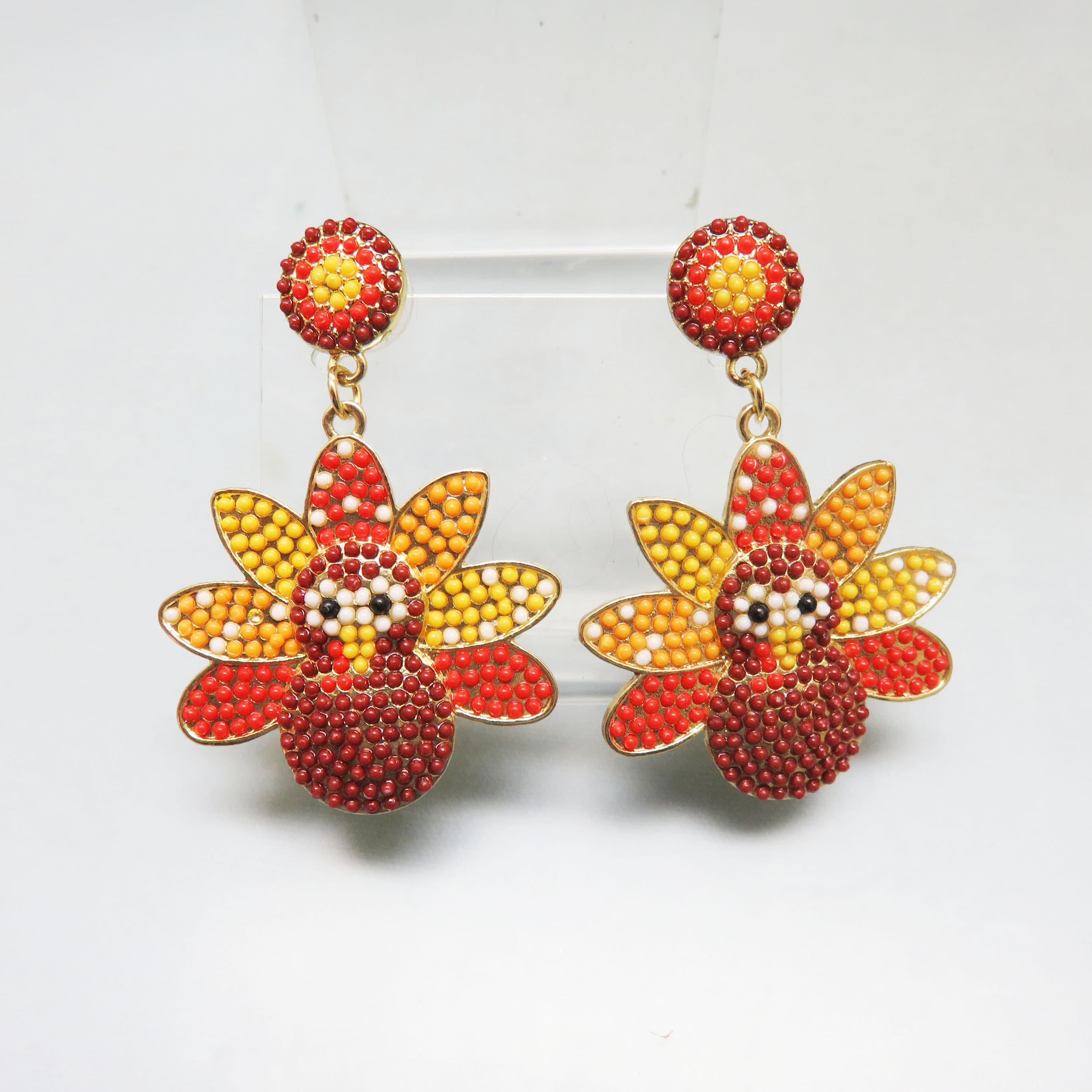 Beaded Turkey Earrings, Thanksgiving Statement Earrings, Red Orange Goldtone Post Dangles